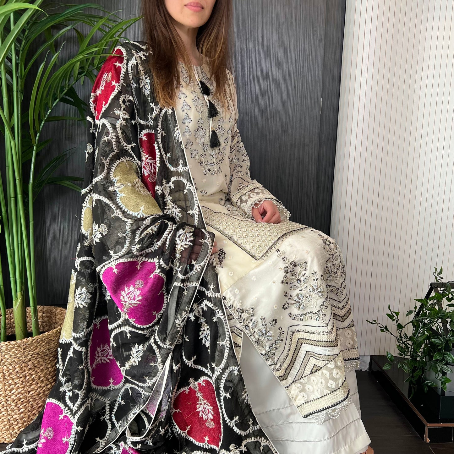 Anaya Inspired Ivory Black Heavily Embroidered Chiffon Suit