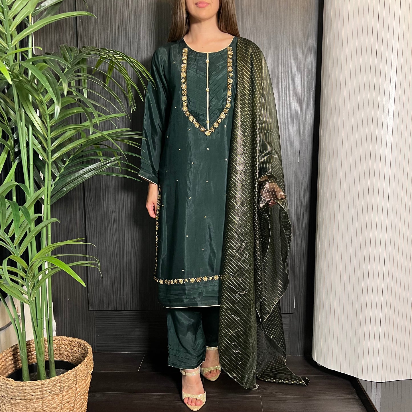 Bottle Green Hand Embroidered Cotton Silk Suit