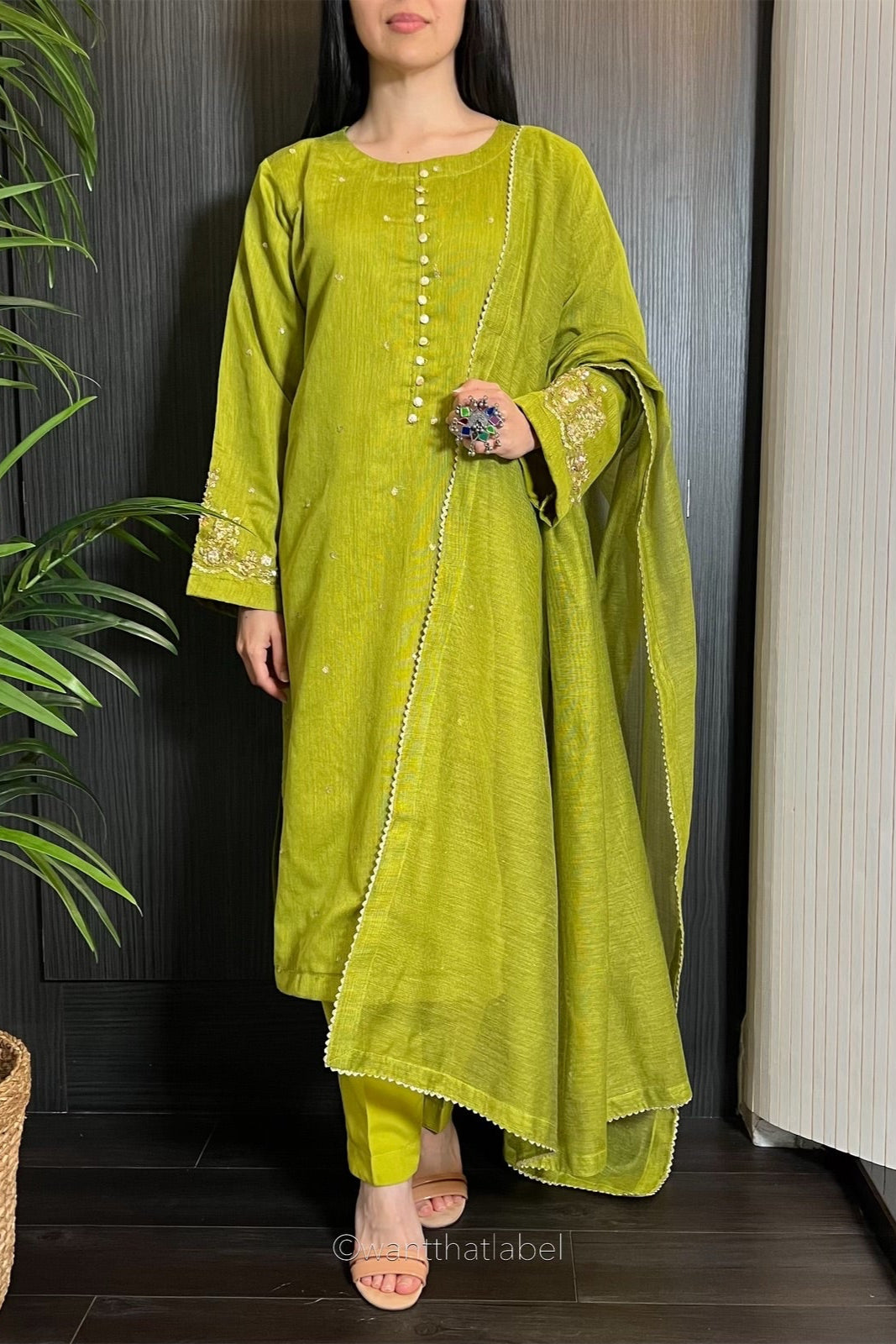 Laila Lime Zari Embroidered Khadi Net Suit