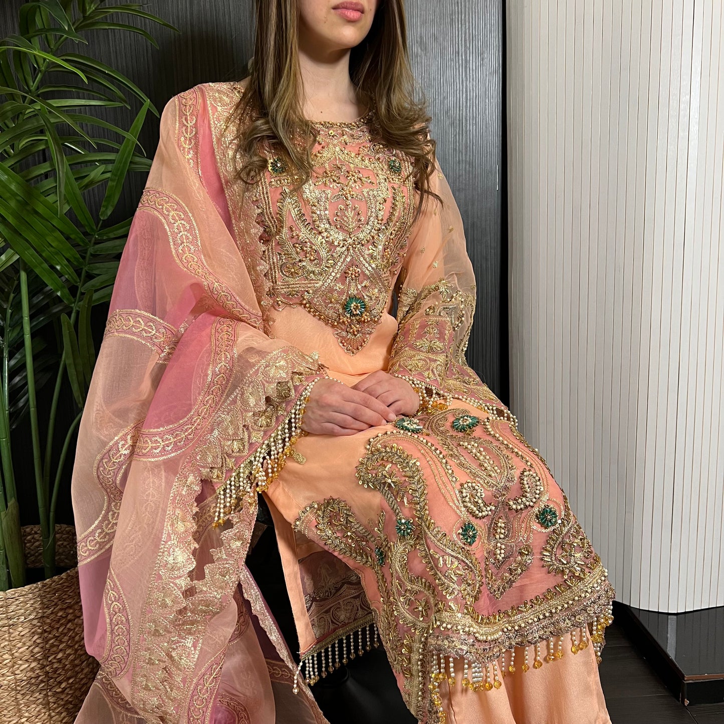 Prêt Peach Pink Heavily Embroidered Organza Suit