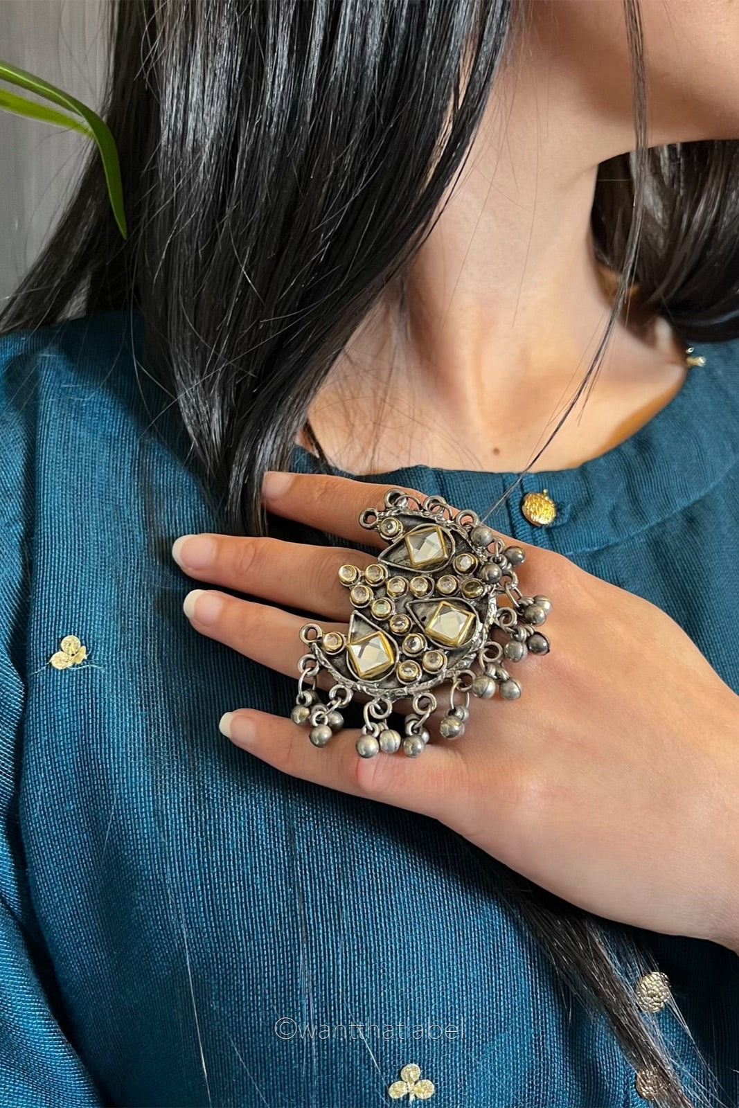 Selina Silver Oxidized Round Vintage Half Moon Ring