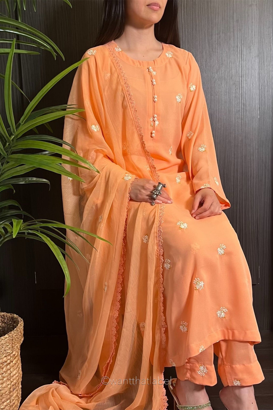 Nosheen Peach Floral Embroidered Georgette Suit