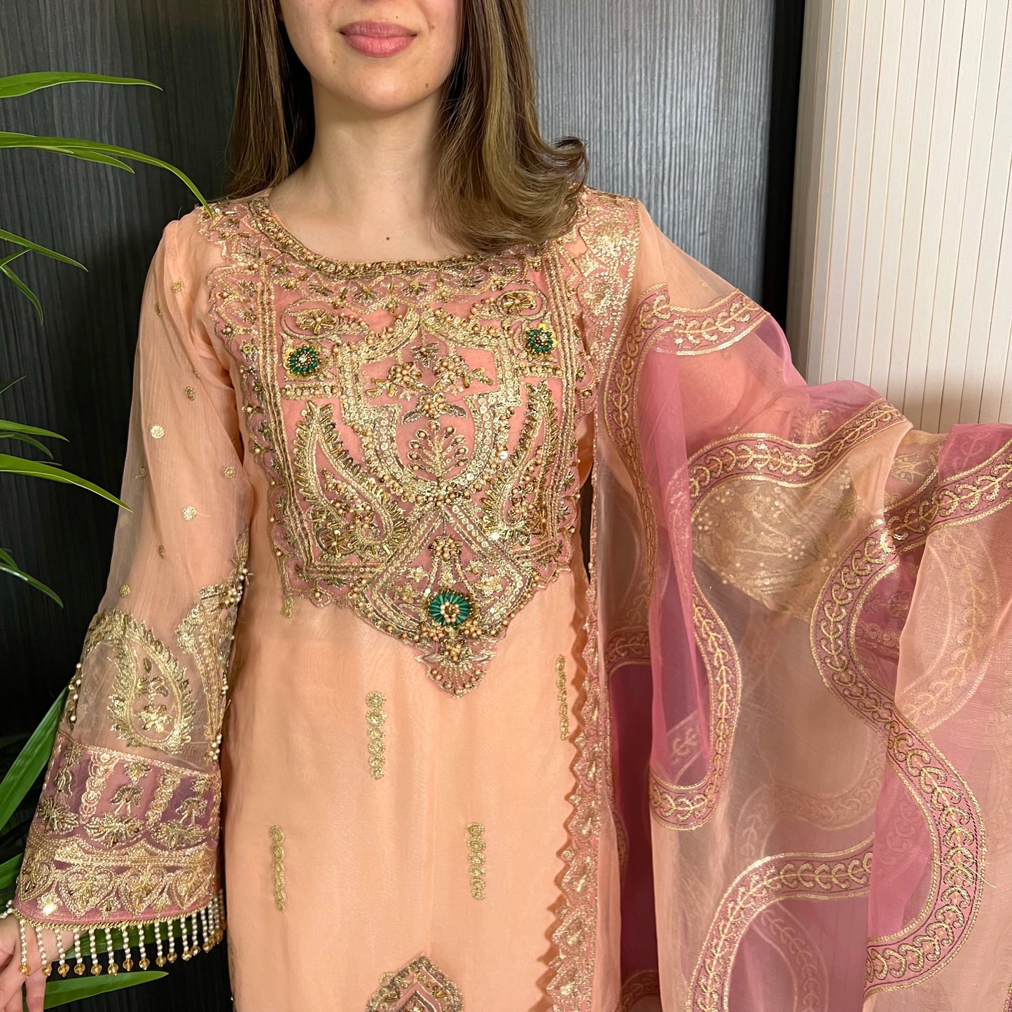 Prêt Peach Pink Heavily Embroidered Organza Suit