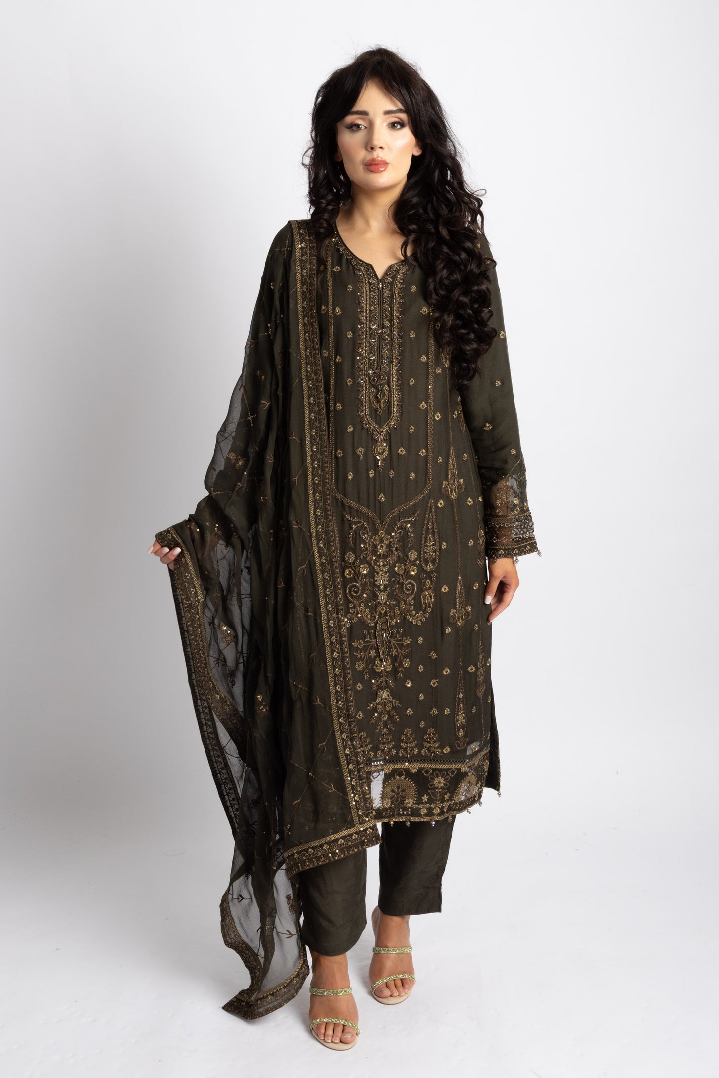 Looms Olive Hand Bead Embroidered Chiffon Suit