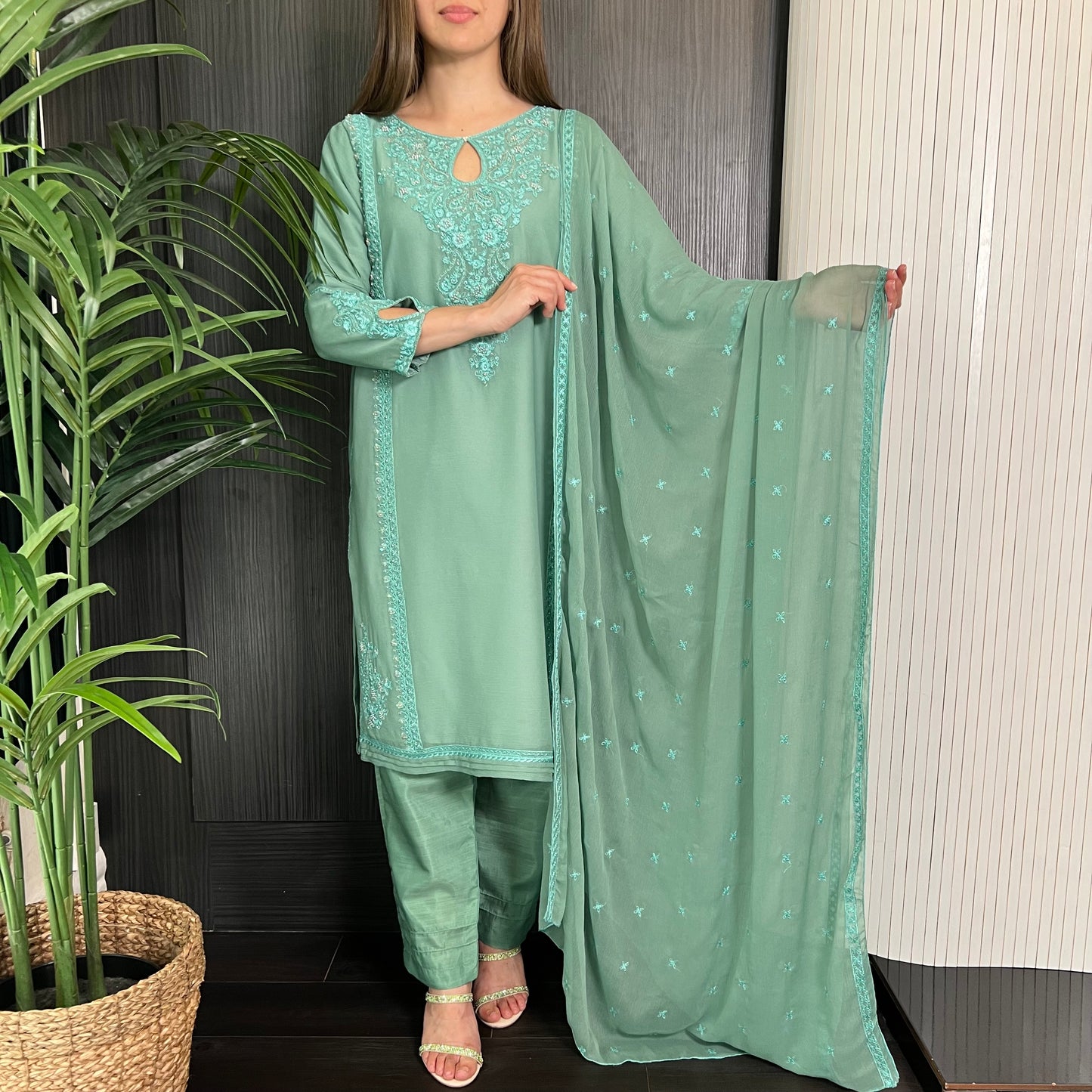 Teal Hand Embroidered Chiffon Suit