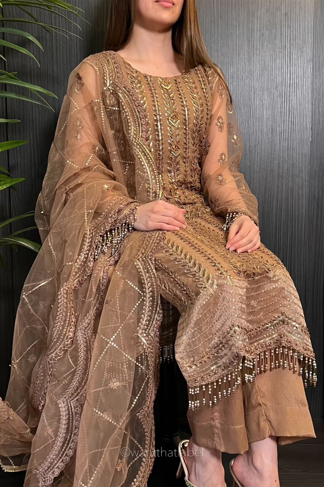 Prêt Hareem Mocha Heavily Embroidered Net Suit