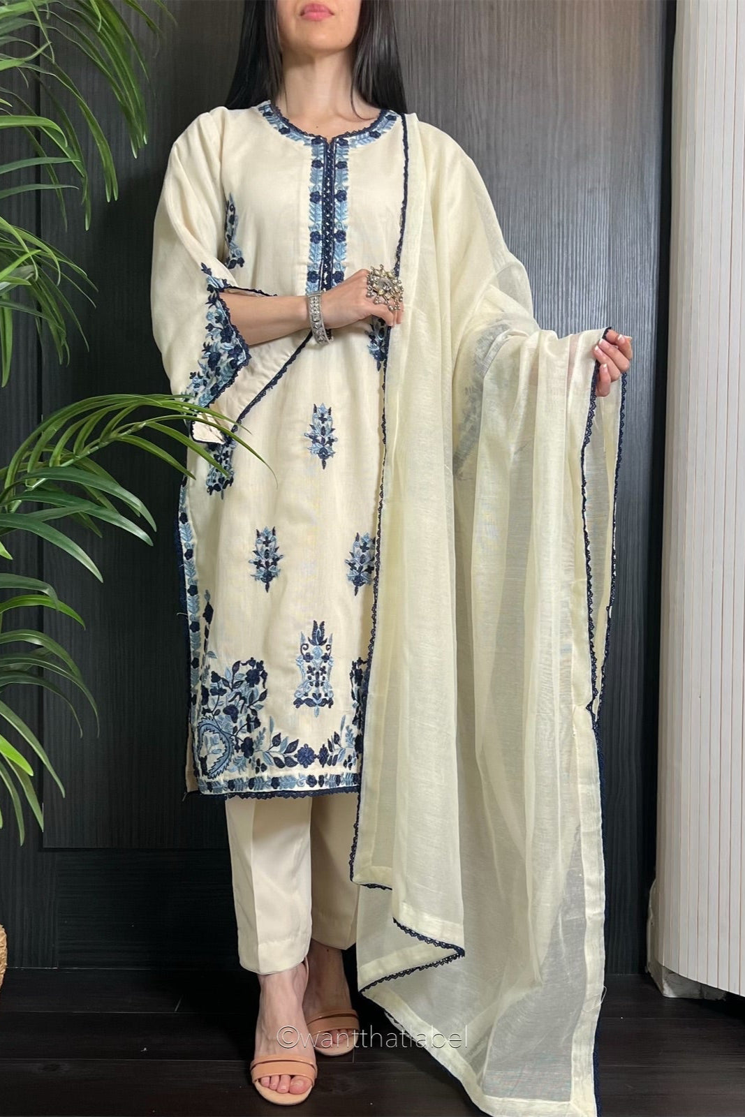 Tia Ivory Blue Embroidered Khadi Net Suit