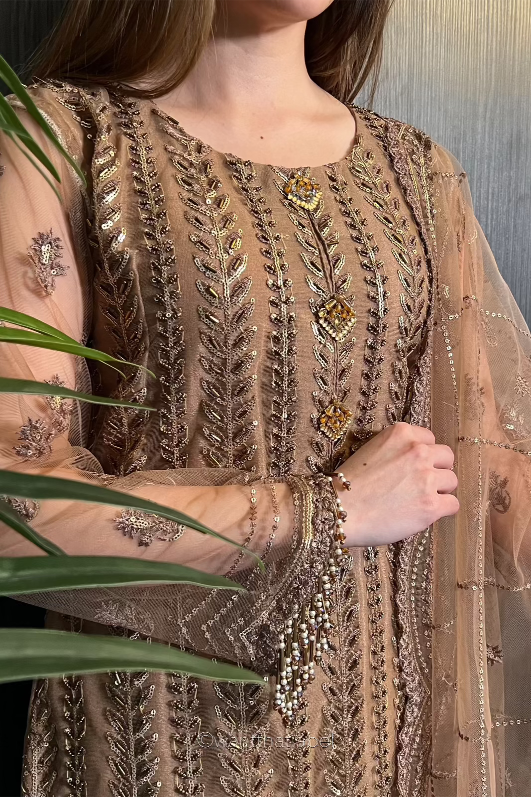 Prêt Hareem Mocha Heavily Embroidered Net Suit