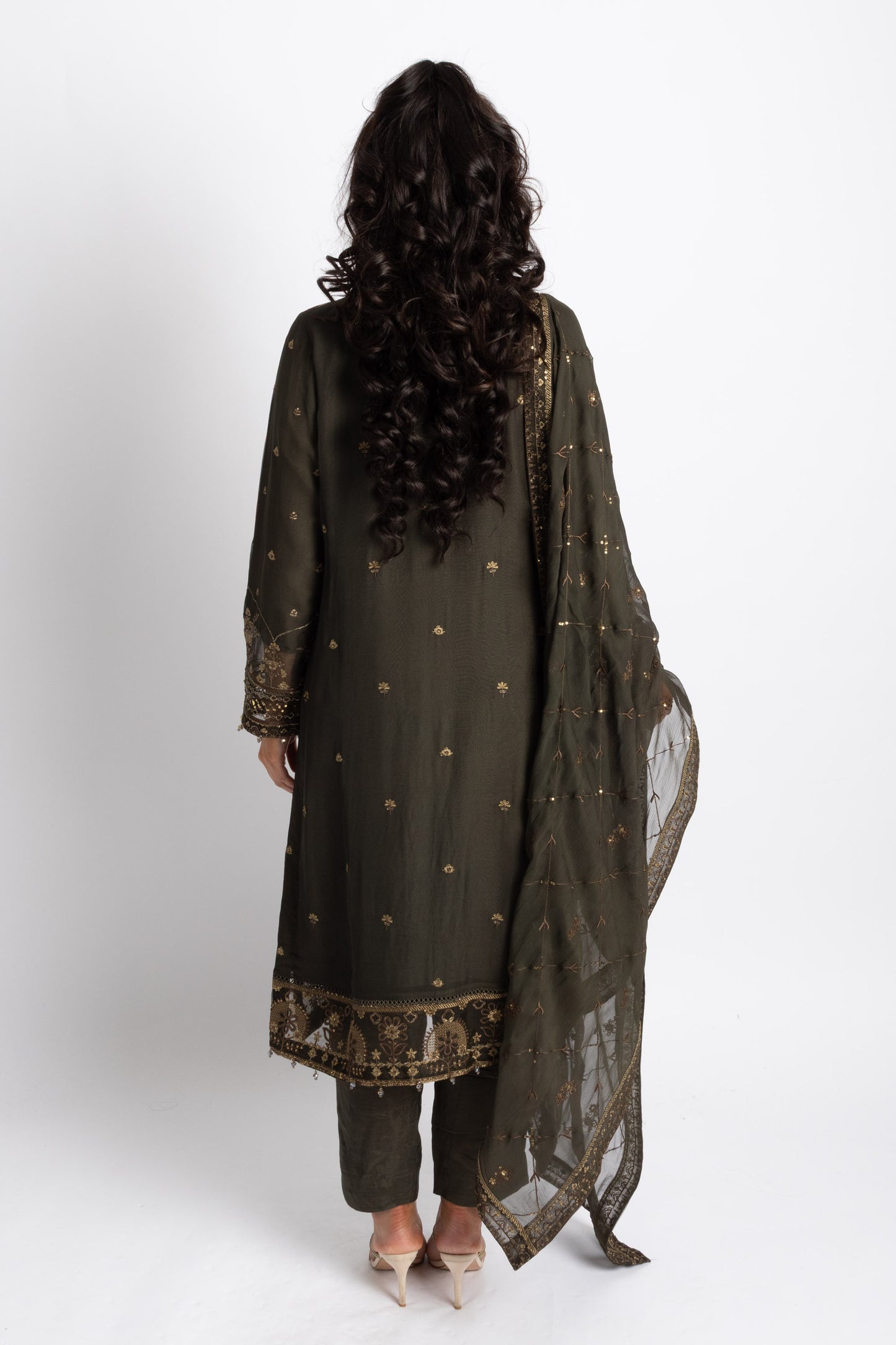 Looms Olive Hand Bead Embroidered Chiffon Suit