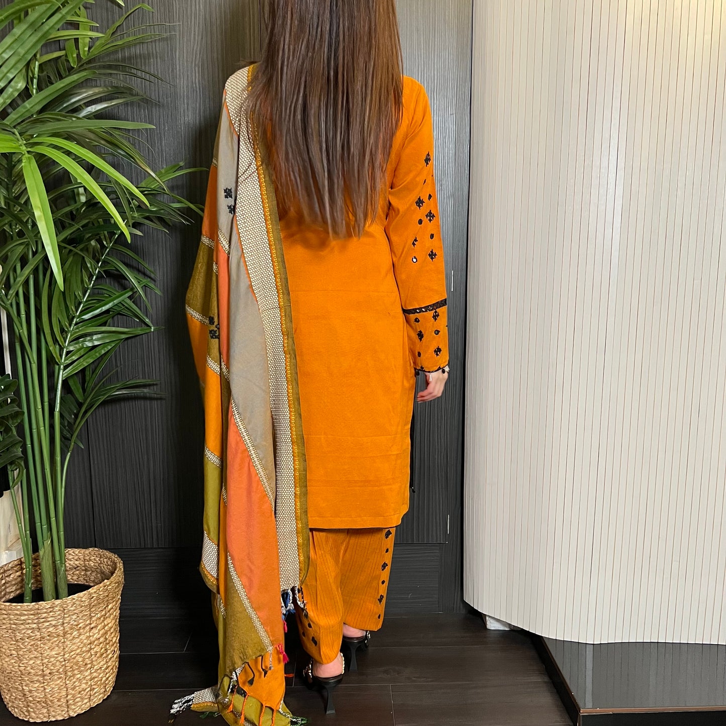 Mustard Sindi Hand Embroidered Mirror Shawl Suit