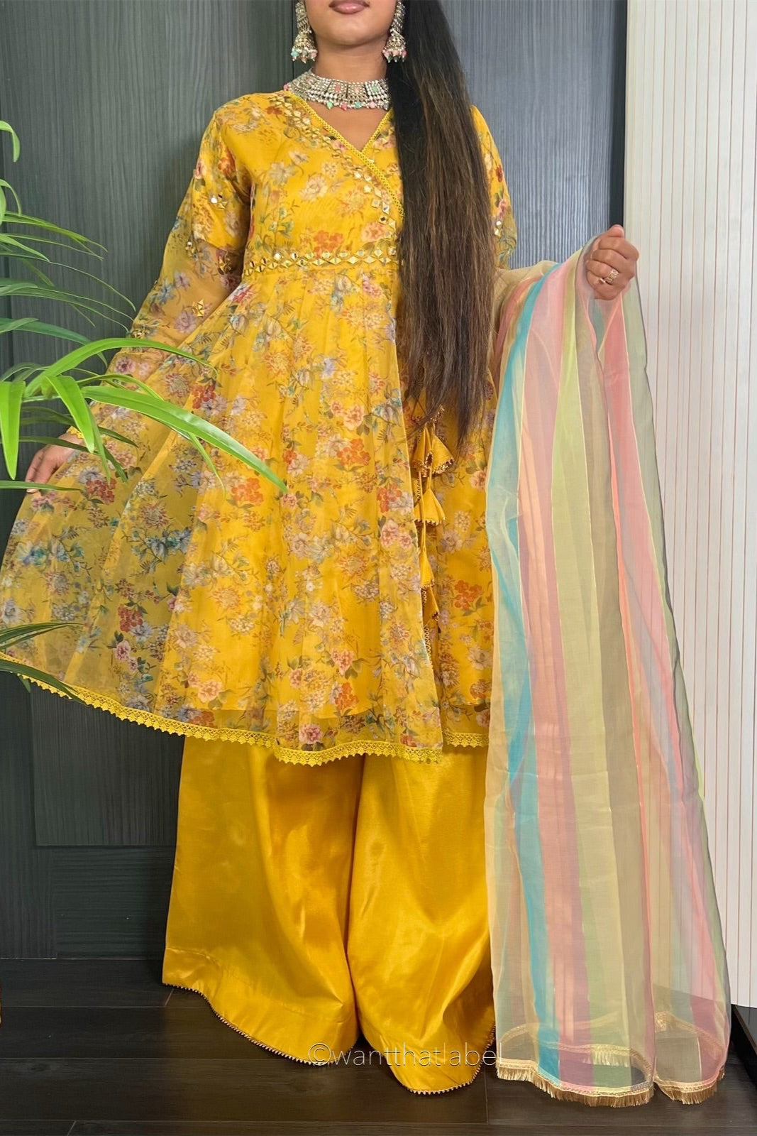 Avsha Mustard Mirror Embroidered Anarkali Sharara Suit