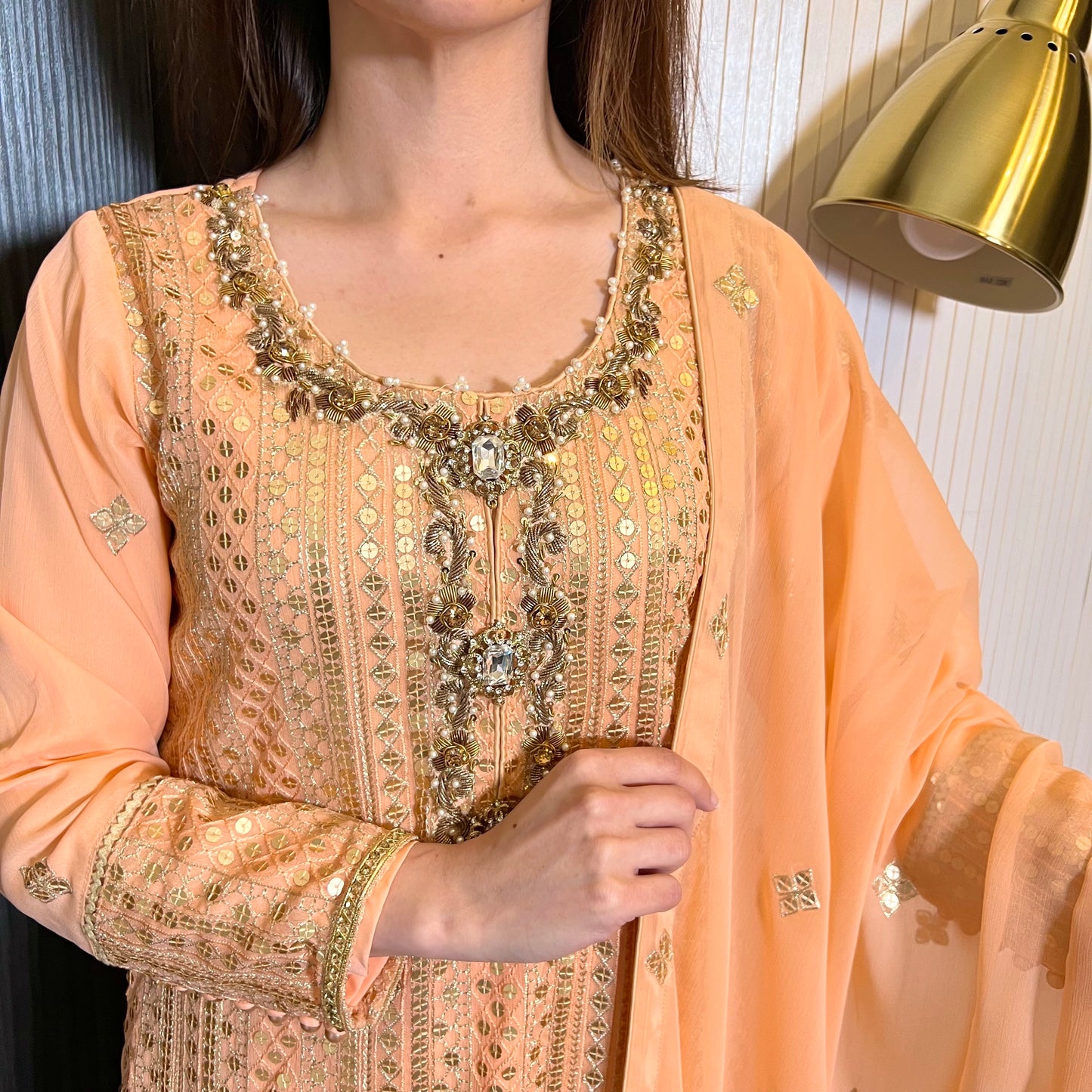 Peach Gold Hand Embroidered Chiffon Suit