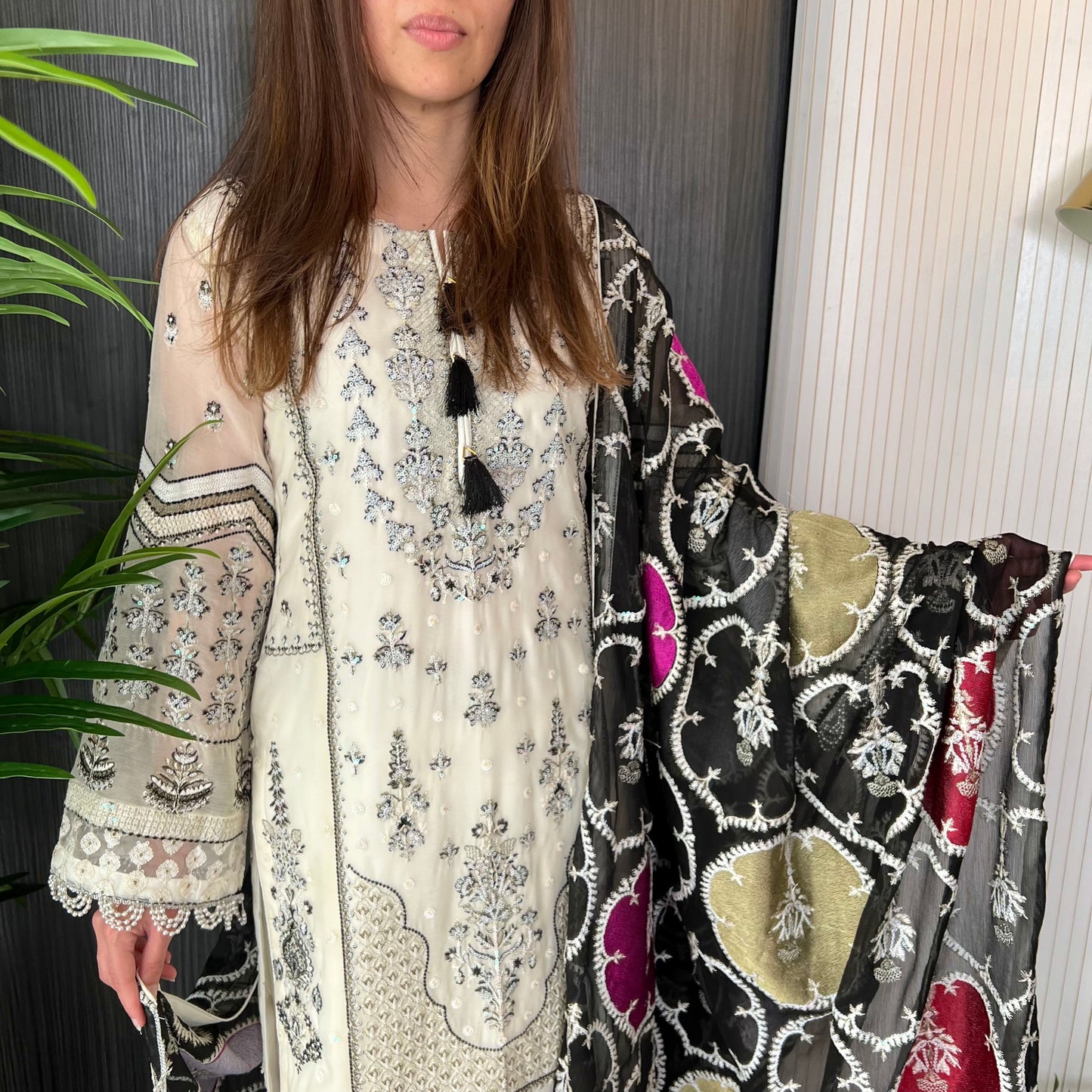 Anaya Inspired Ivory Black Heavily Embroidered Chiffon Suit