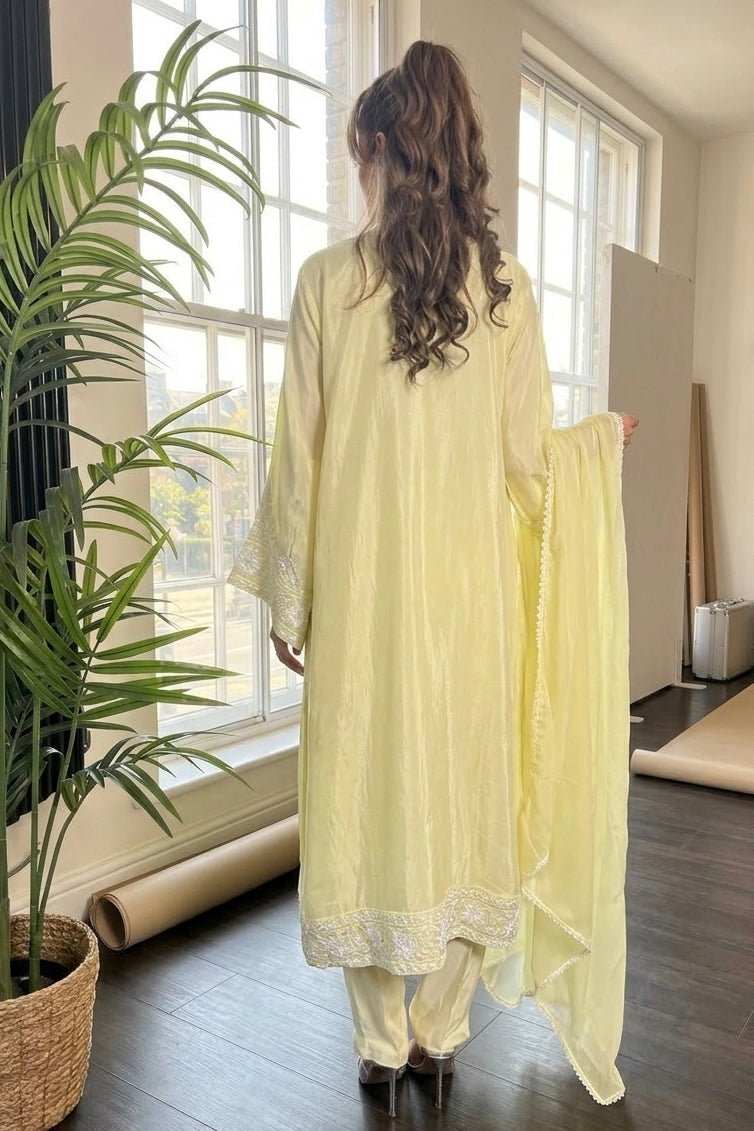 Rida Butter Yellow Raw Silk Pearl Embroidered Long Kameez 3 Piece Suit