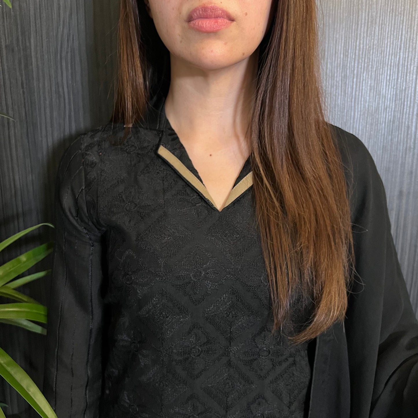 Areeba Saleem Original Black Brown Collar Embroidered Suit