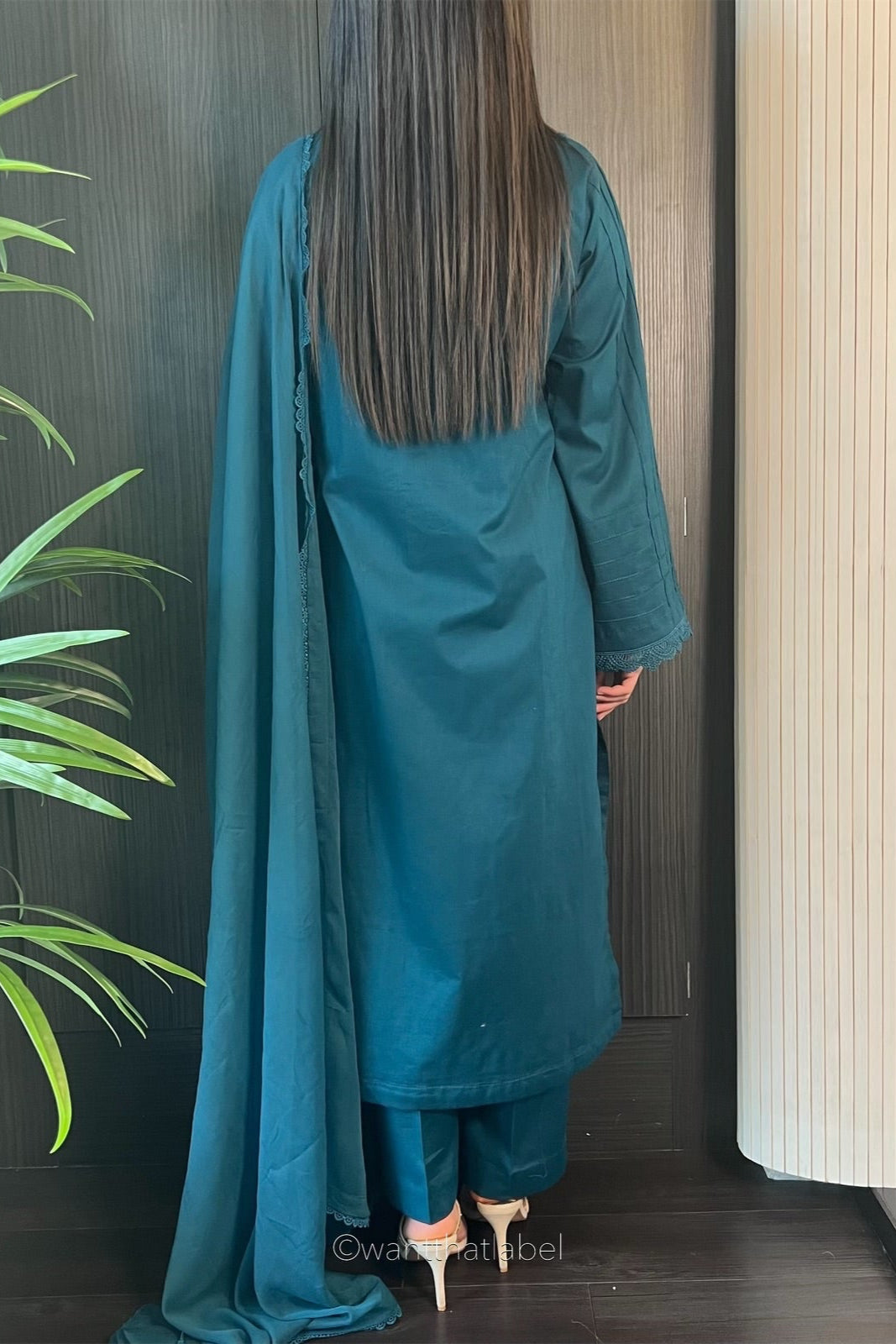 Anam Teal Cotton Lace Detailed Long Kameez Suit