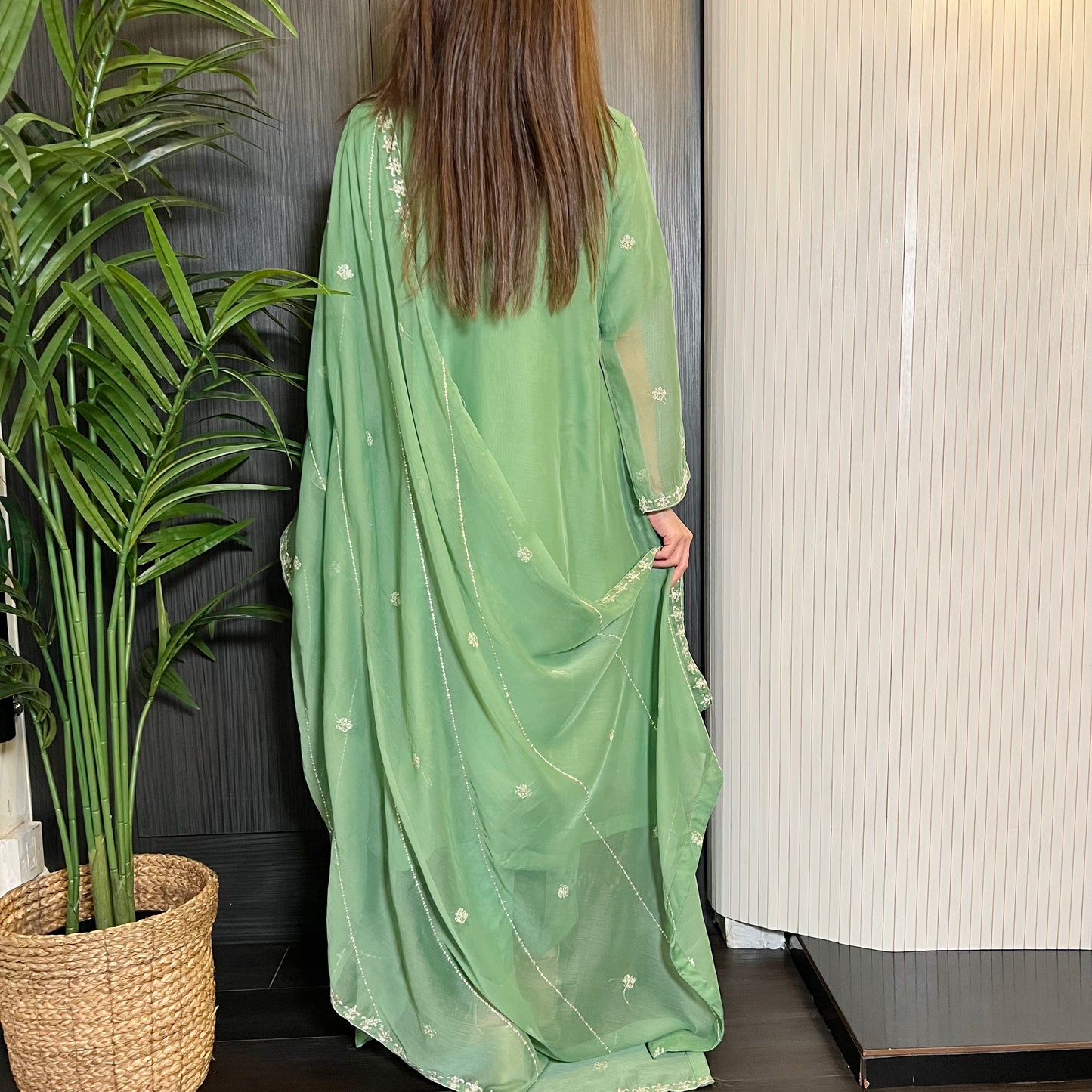 Agha Noor Green Embroidered Chiffon Frock Suit