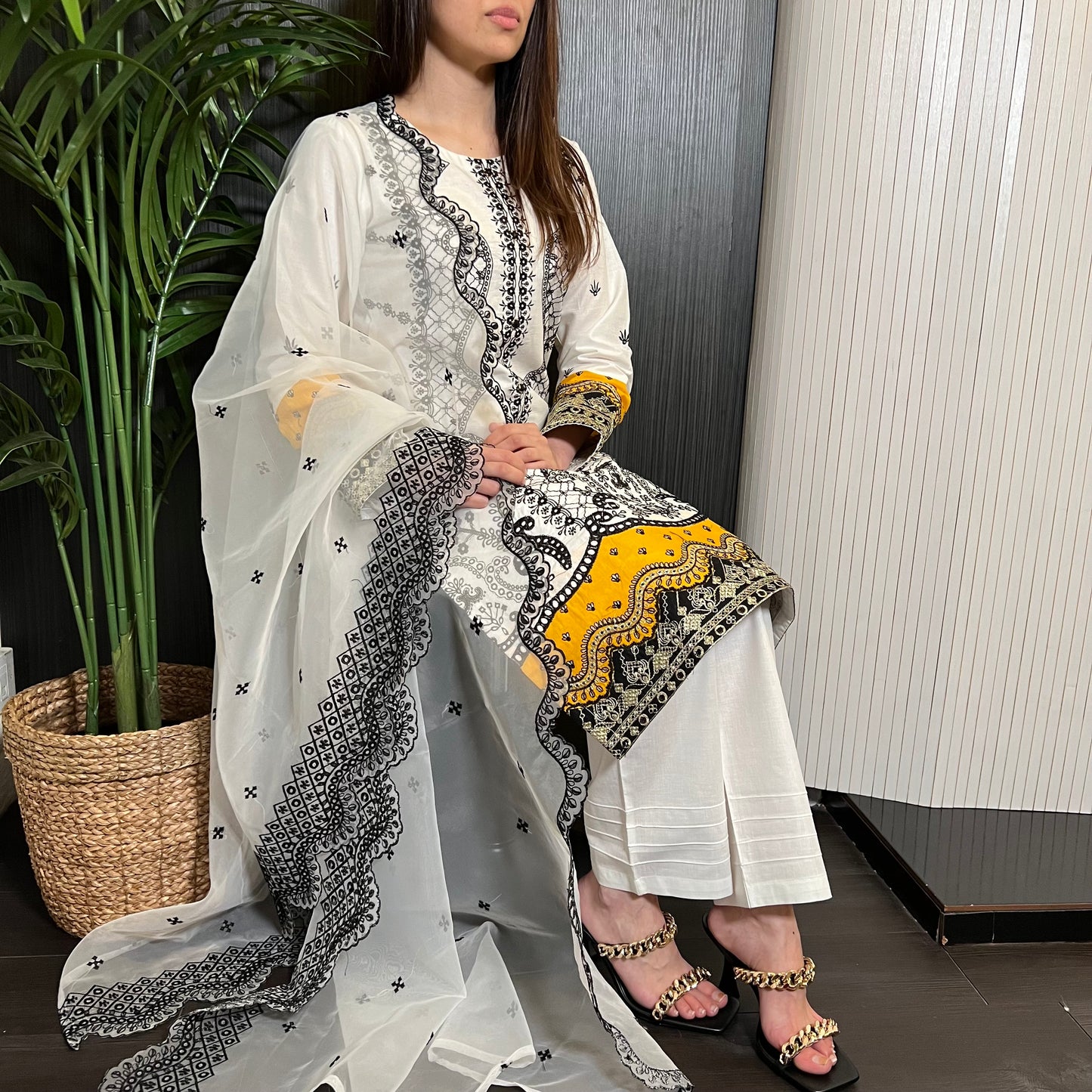 Qalamqar Inspired White Embroidered Lawn Suit