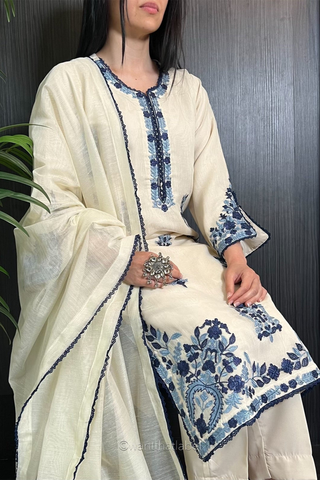 Tia Ivory Blue Embroidered Khadi Net Suit