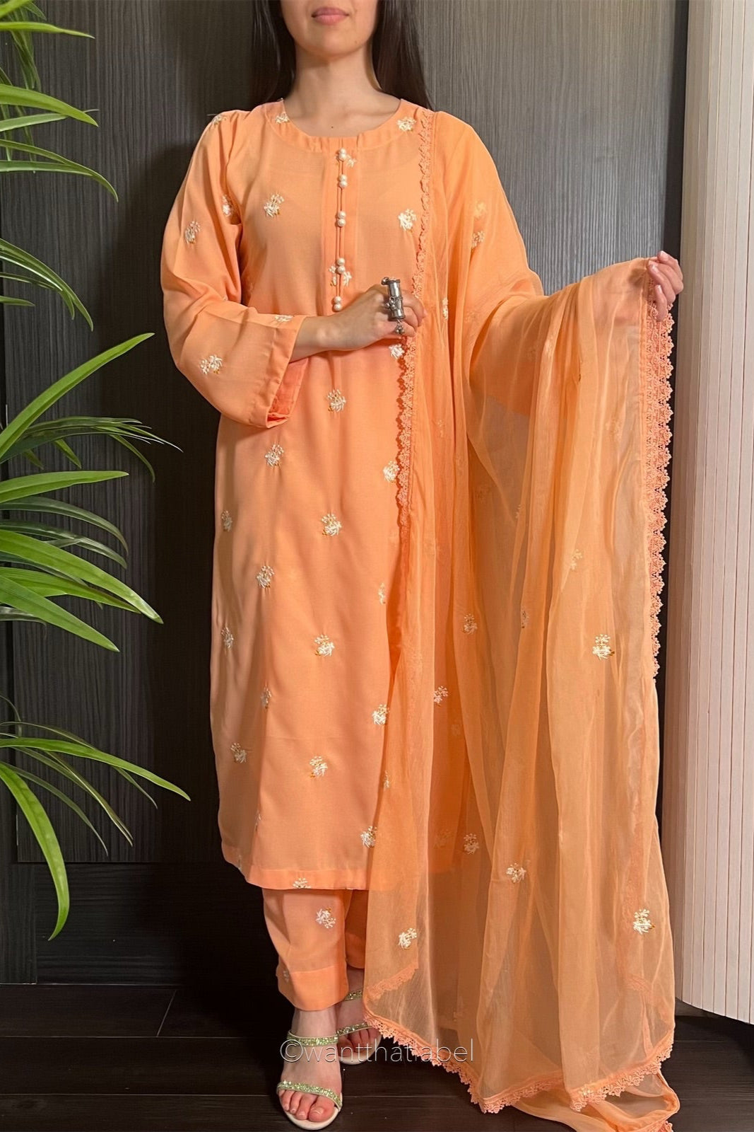 Nosheen Peach Floral Embroidered Georgette Suit