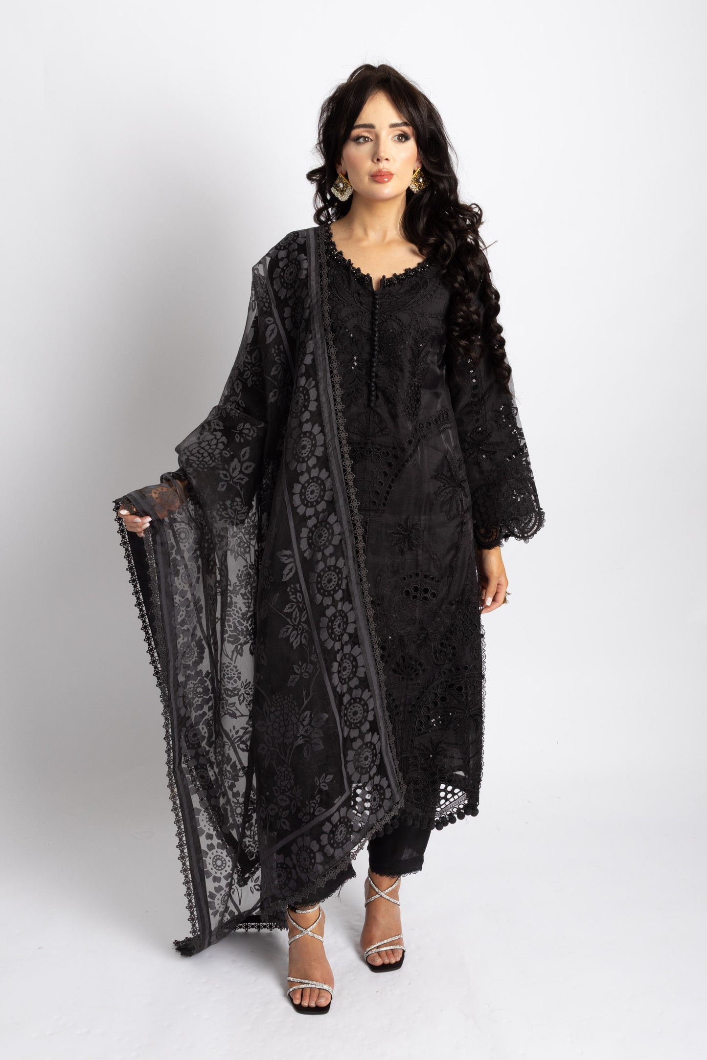 Looms Black Hand Embroidered Cutwork Cotton Suit