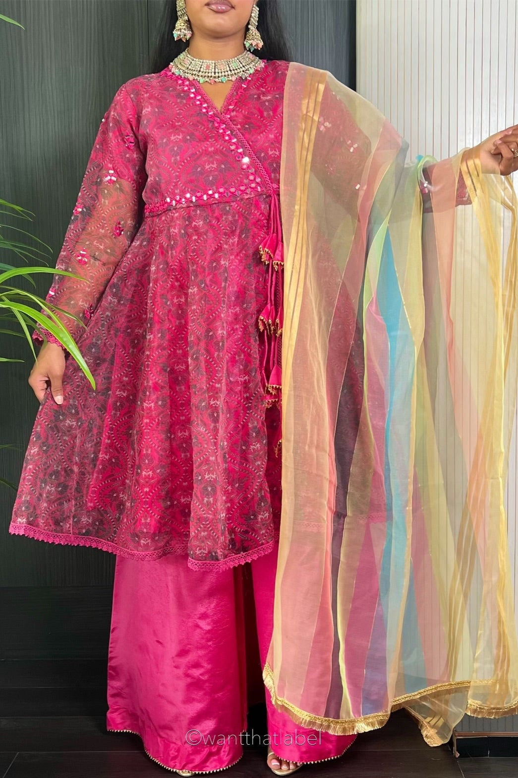 Saira Hot Pink Mirror Embroidered Anarkali Sharara Suit