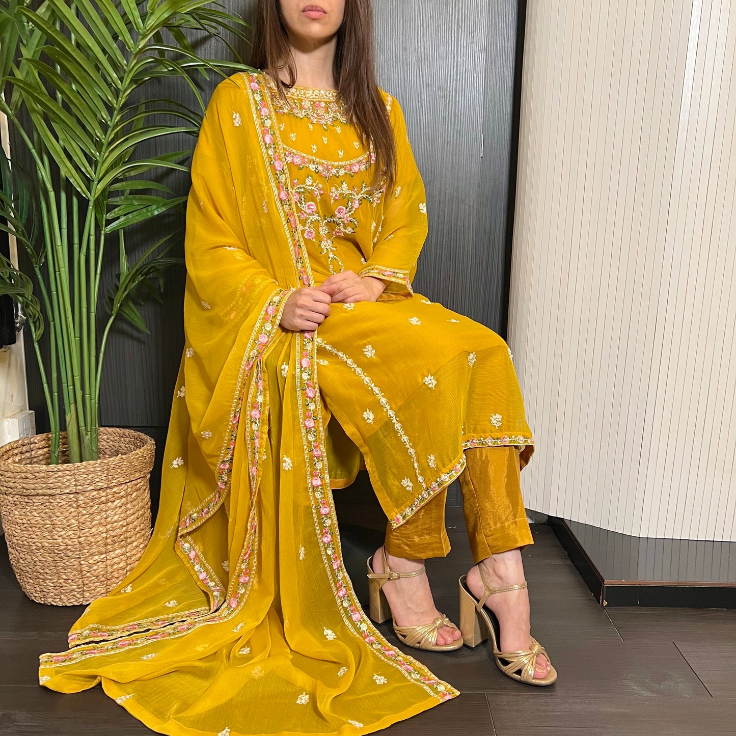 Agha Noor Mustard Yellow Embroidered Chiffon Suit