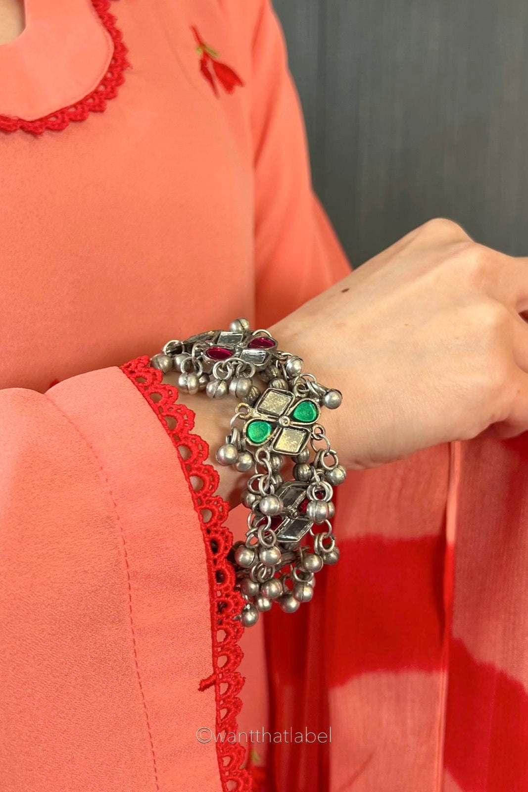 Ria Silver Oxidized Vintage Green Pink Mirror Tassel Bangle Cuff