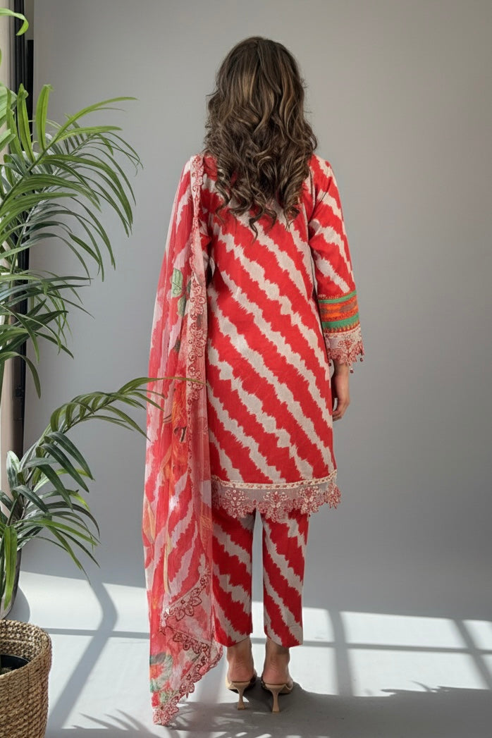 Hava Red Stripe Printed Cotton Embroidered 3 Piece Suit