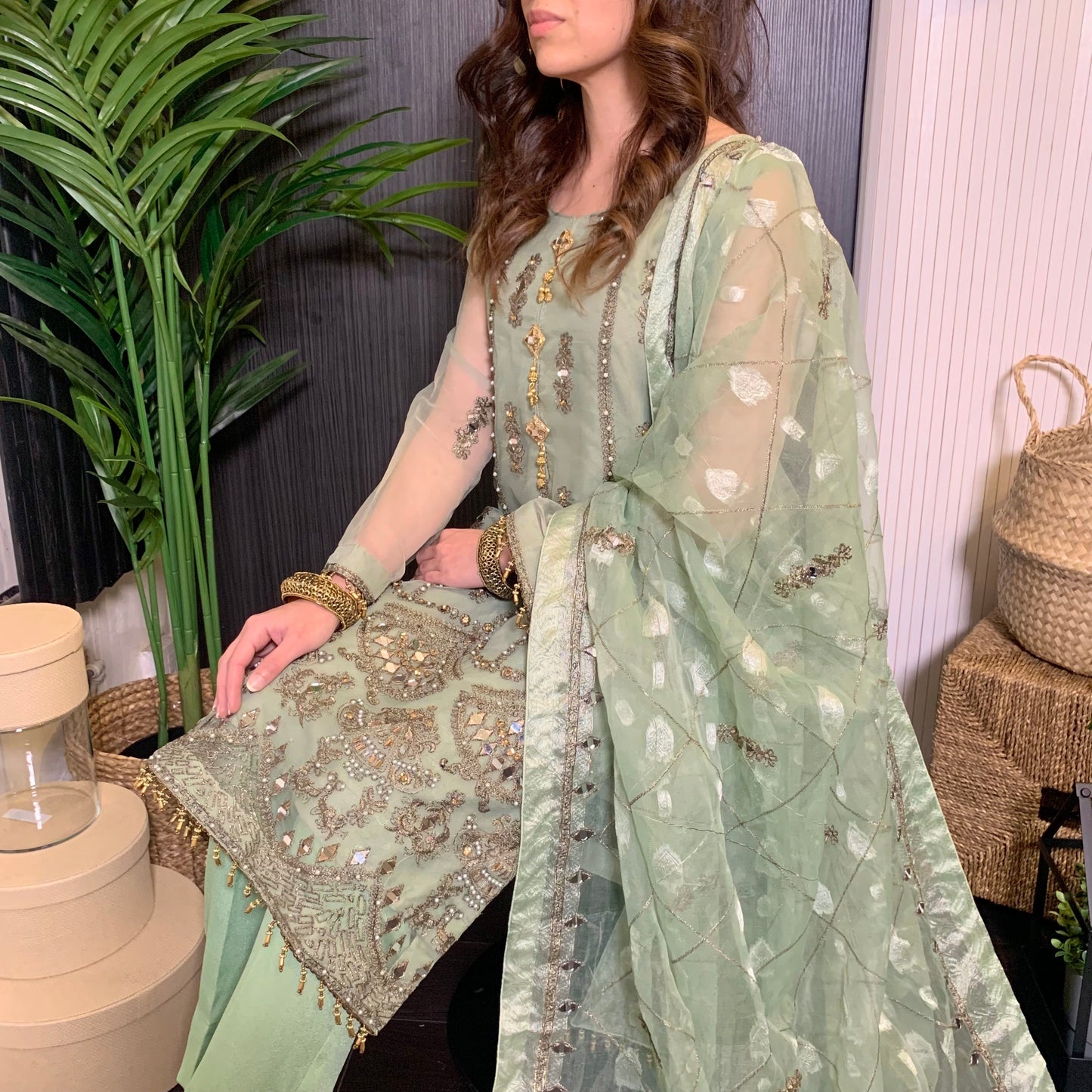 Green Heavily Mirror Embroidered Organza Suit