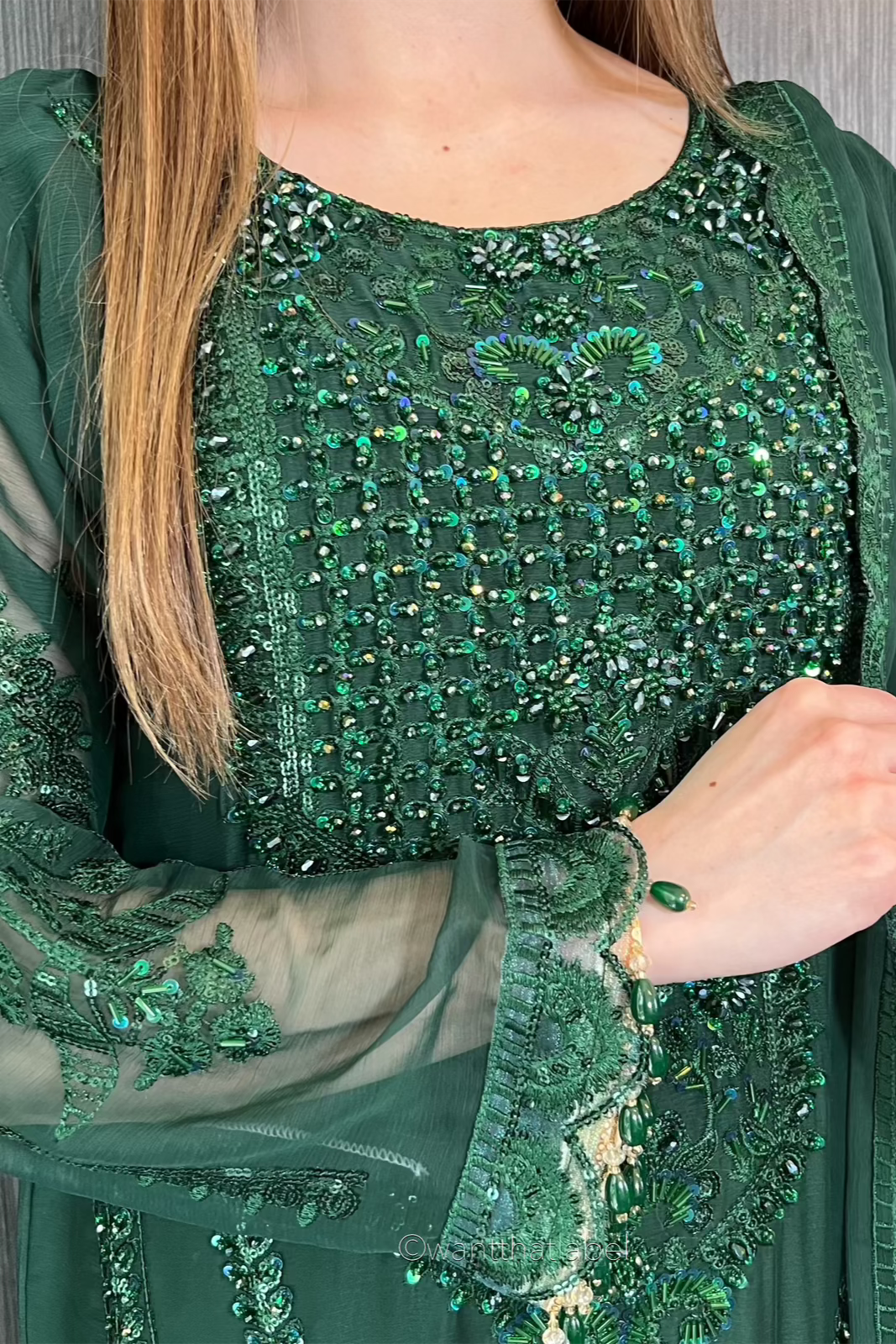 Prêt Zehra Bottle Green Heavily Embroidered Chiffon Suit