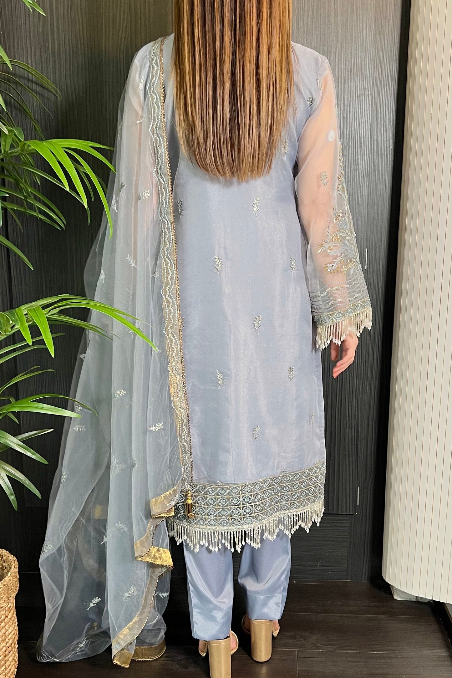 Prêt Grey Antique Gold Heavily Embroidered Organza Suit