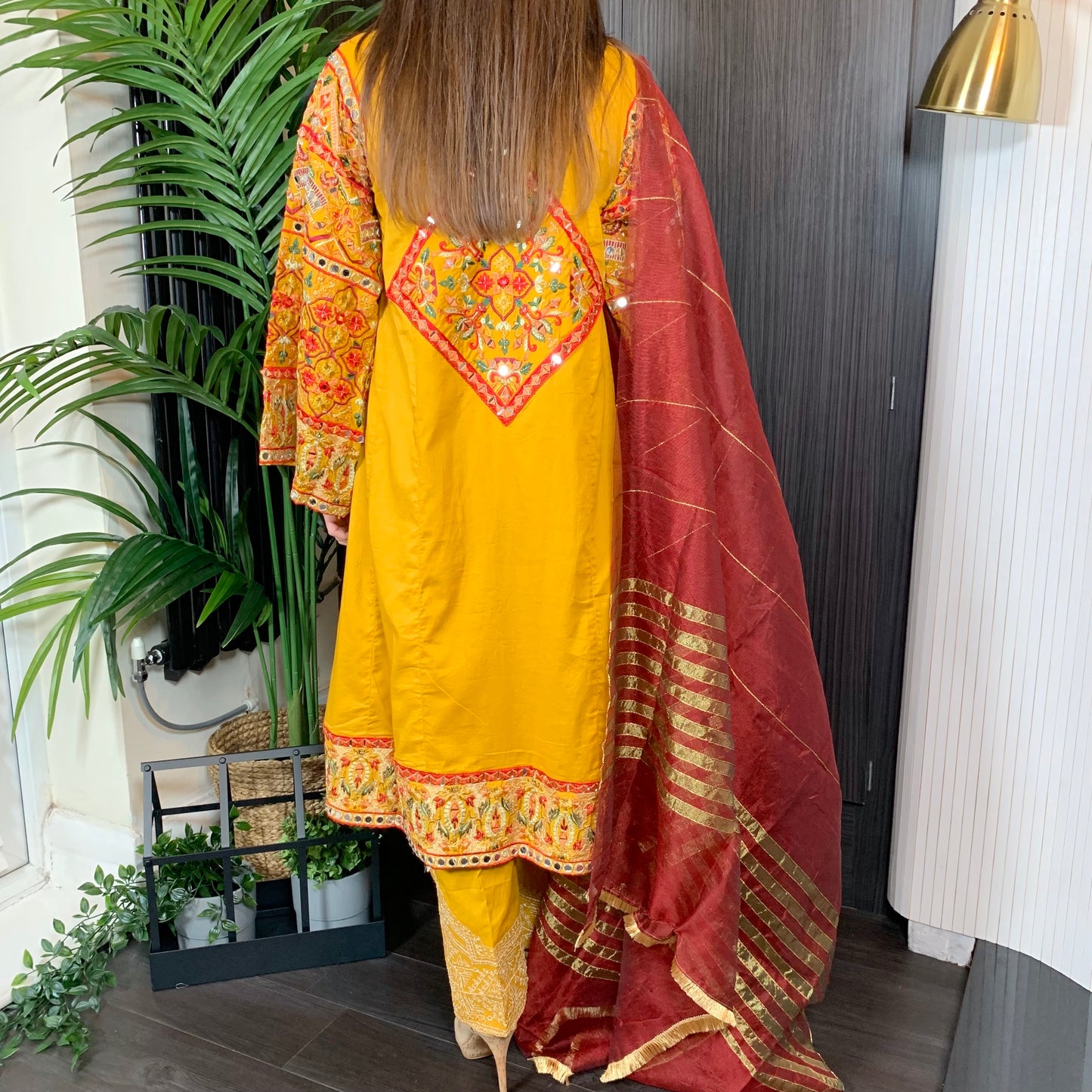 Karma Original Yellow Heavily Mirror Embroidered A-Line Dress Suit