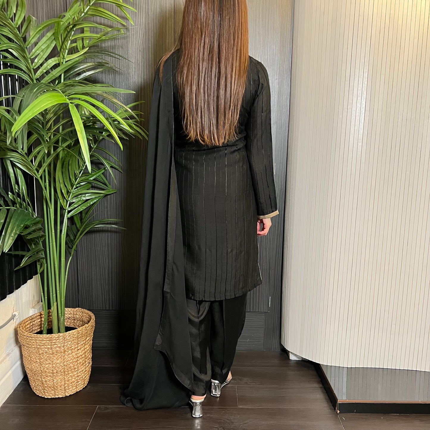 Areeba Saleem Original Black Brown Collar Embroidered Suit