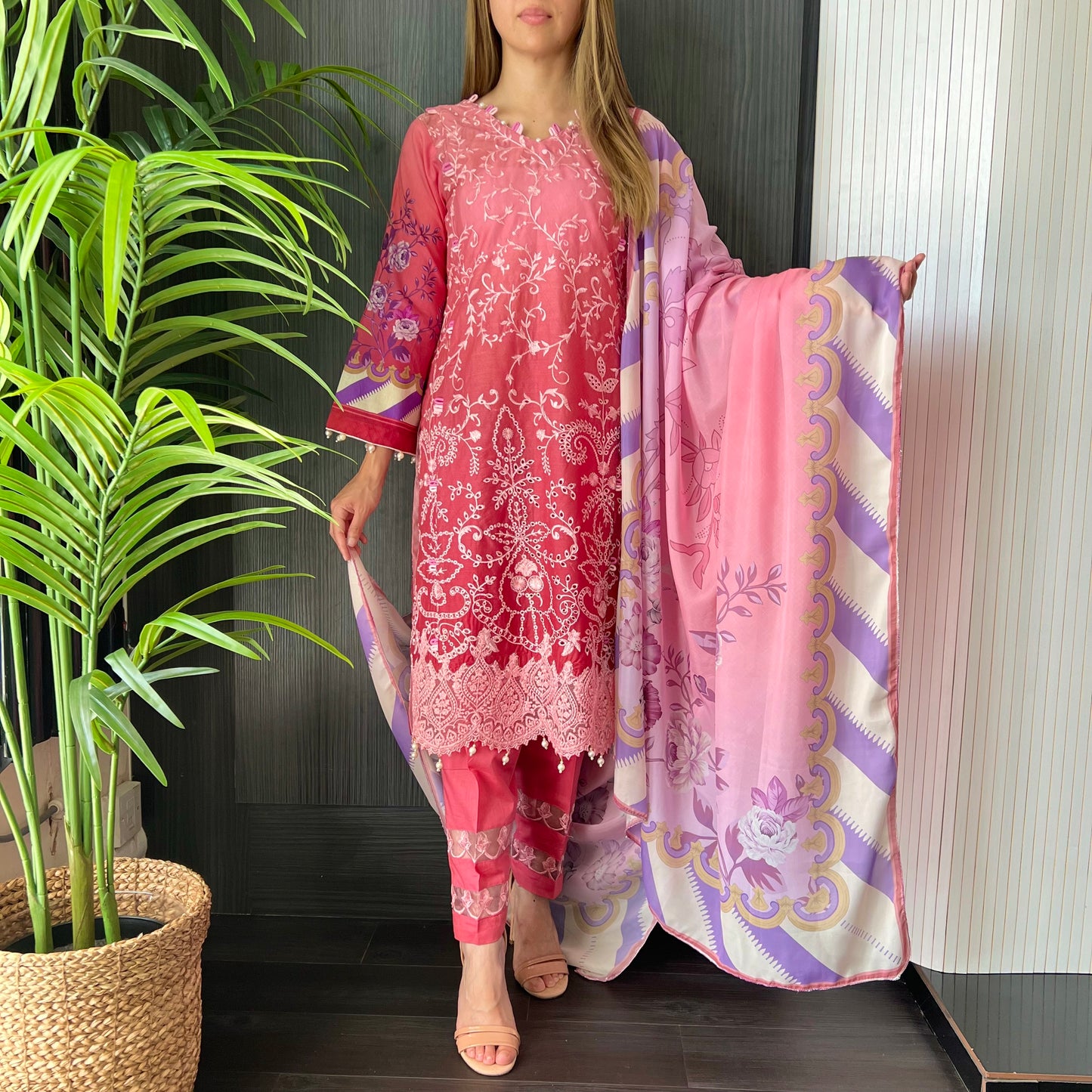 Crimson Inspired Pink Ombre Embroidered Chickankari Lawn Suit