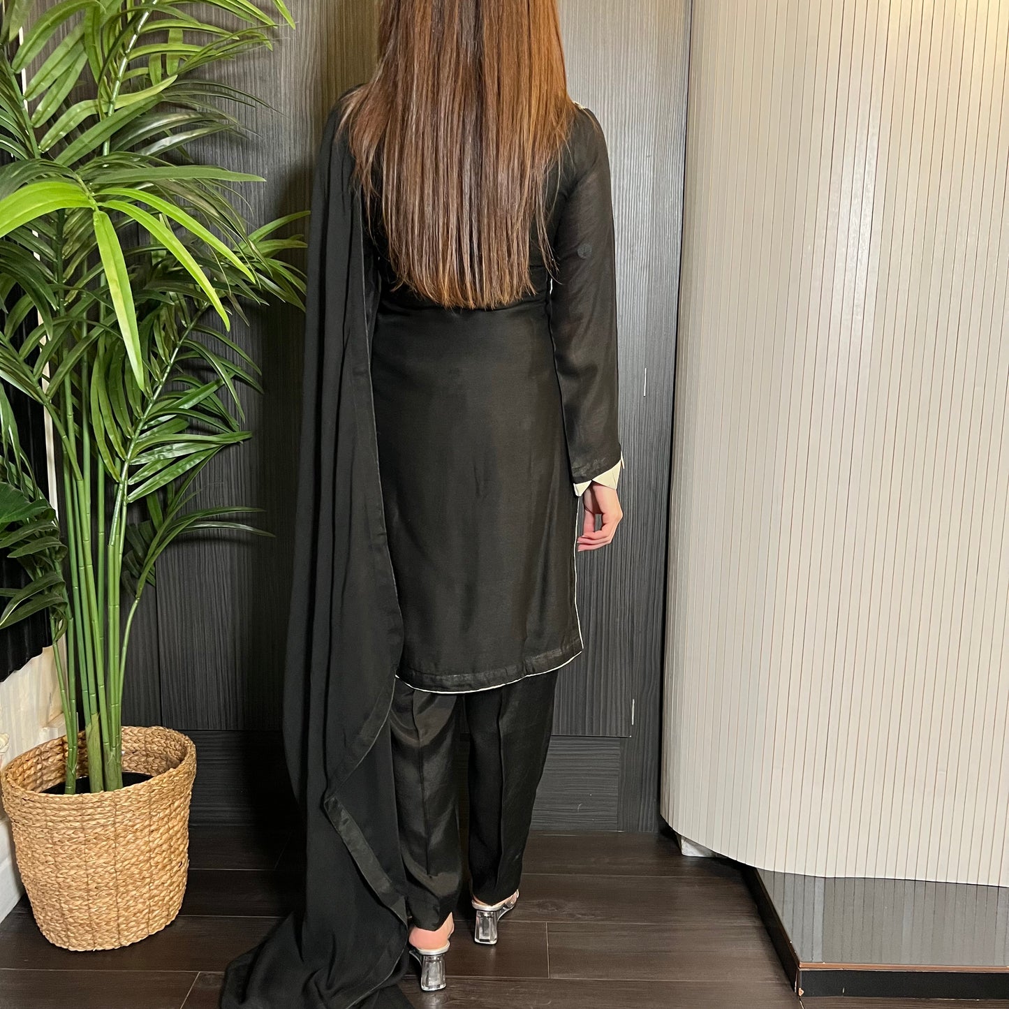 Areeba Saleem Original Black Collared White Grey Embroidered Suit