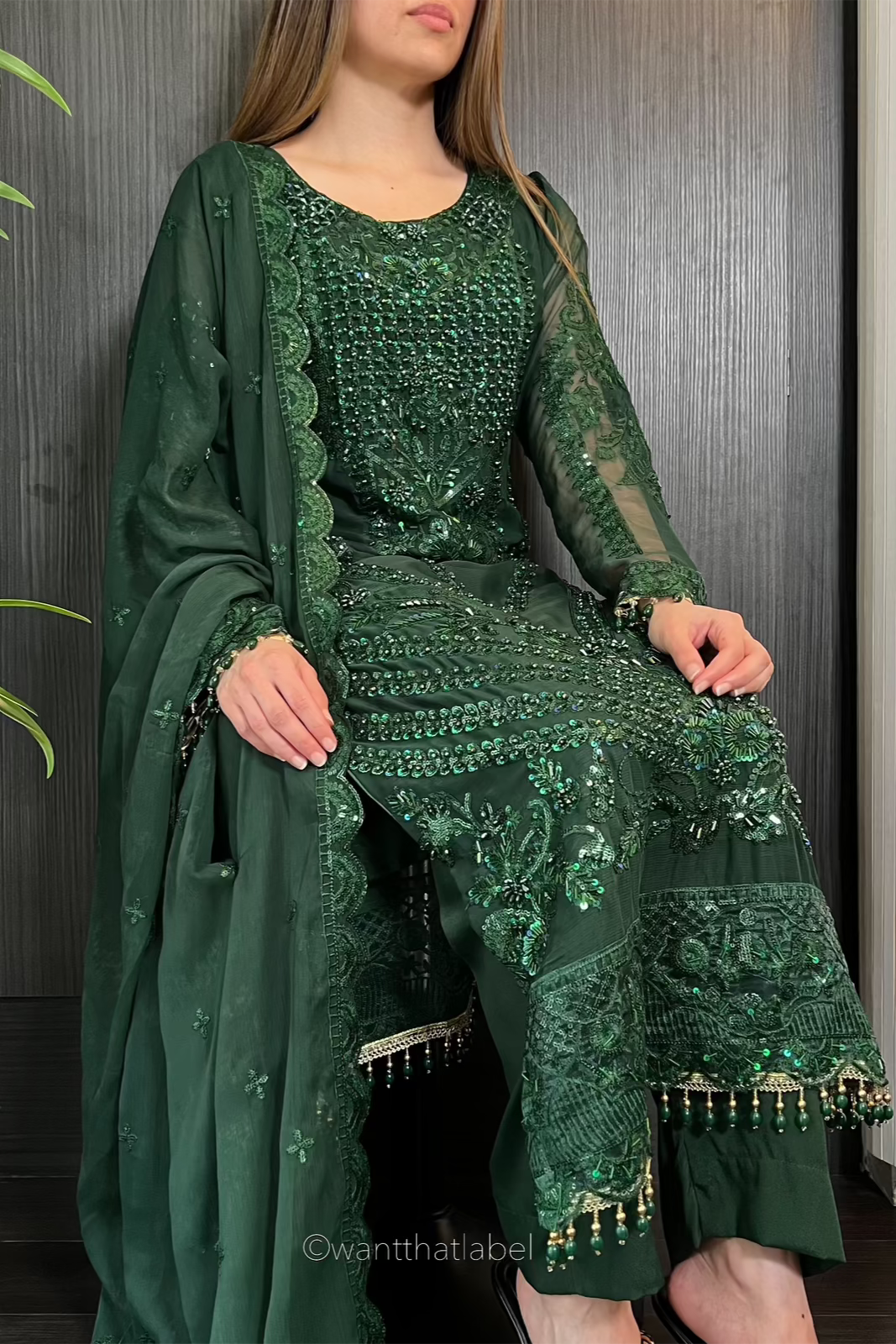 Prêt Zehra Bottle Green Heavily Embroidered Chiffon Suit