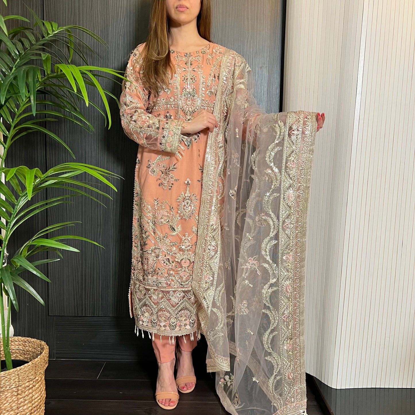 Peach Pink Heavily Embroidered Handwork Net Suit