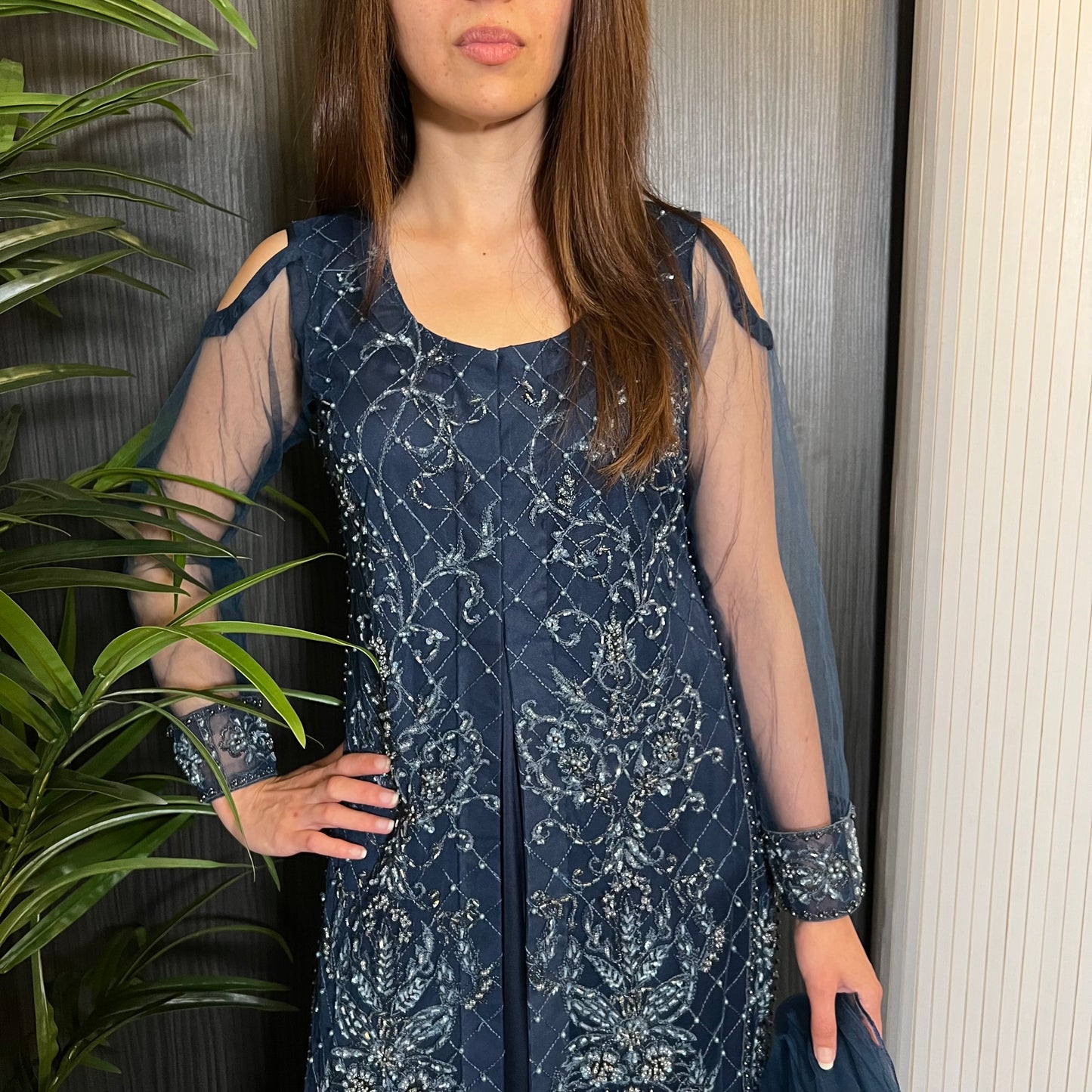 Navy Blue Heavily Beaded Maxi Dress Suit