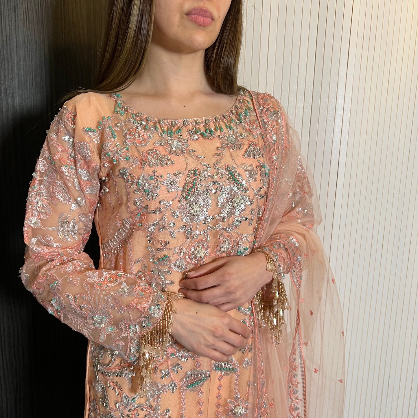 Prêt Peach Silver Heavily Embroidered Organza Suit