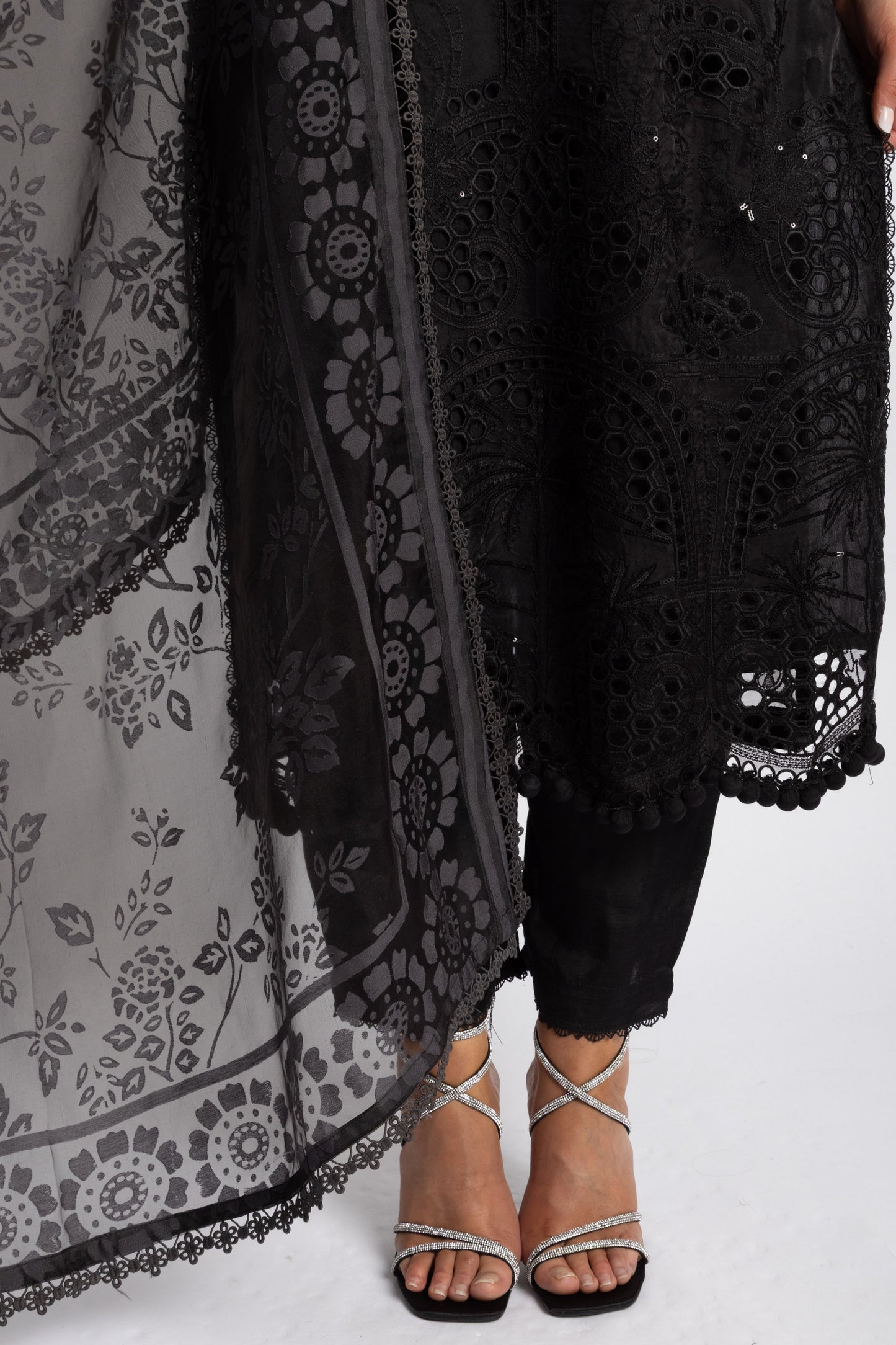 Looms Black Hand Embroidered Cutwork Cotton Suit