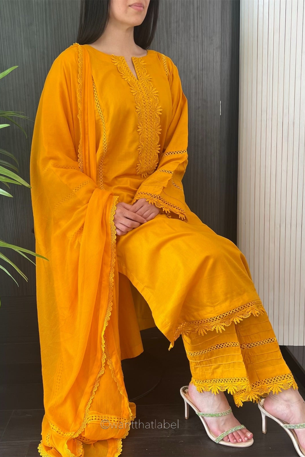 Asma Mustard Cotton Lace Detailed Long Kameez Suit