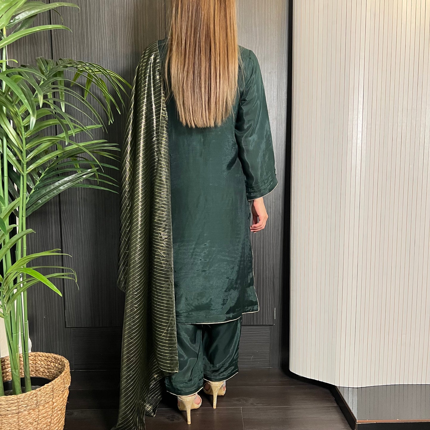 Bottle Green Hand Embroidered Cotton Silk Suit