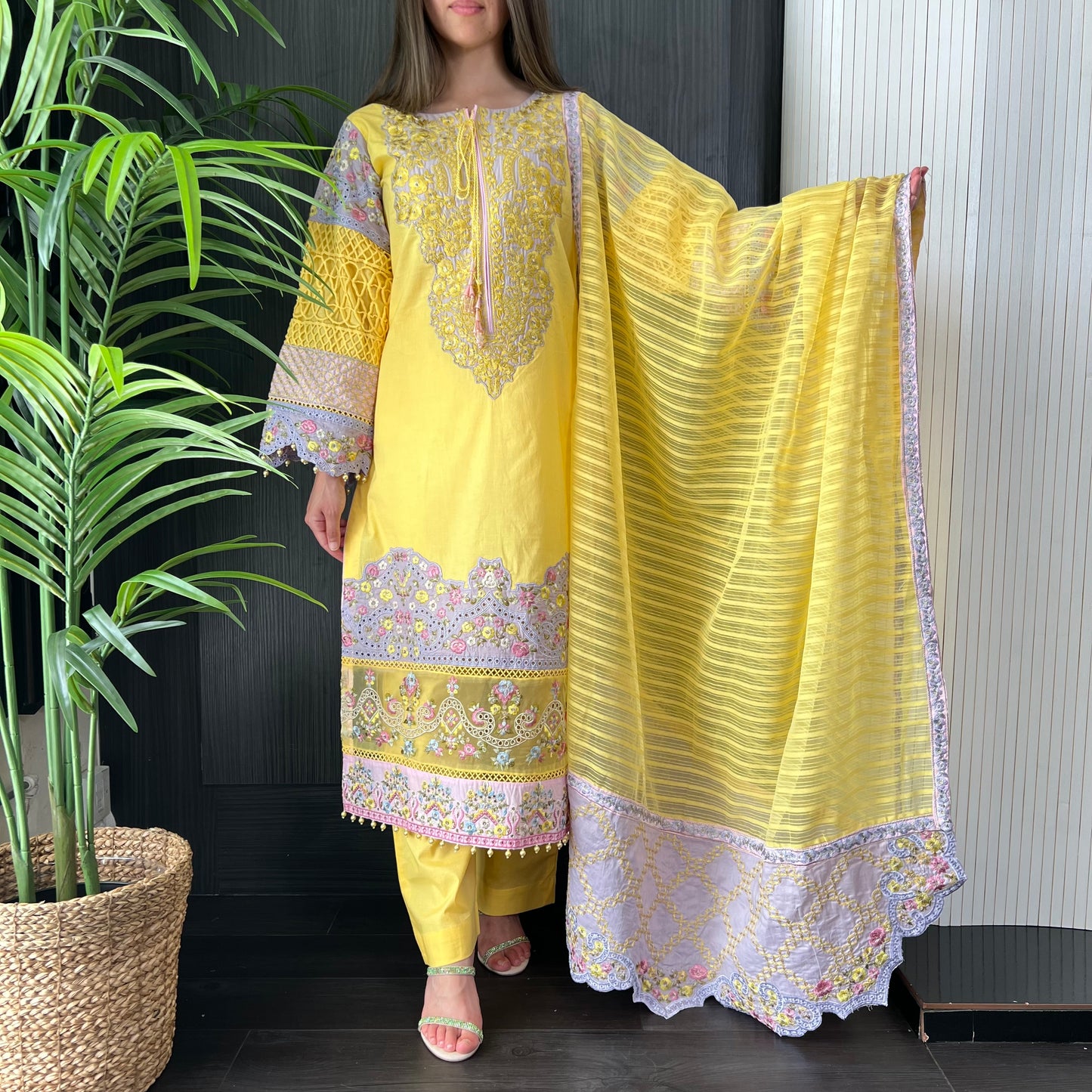 Karma Original Yellow Lilac Chikankari Embroidered Suit
