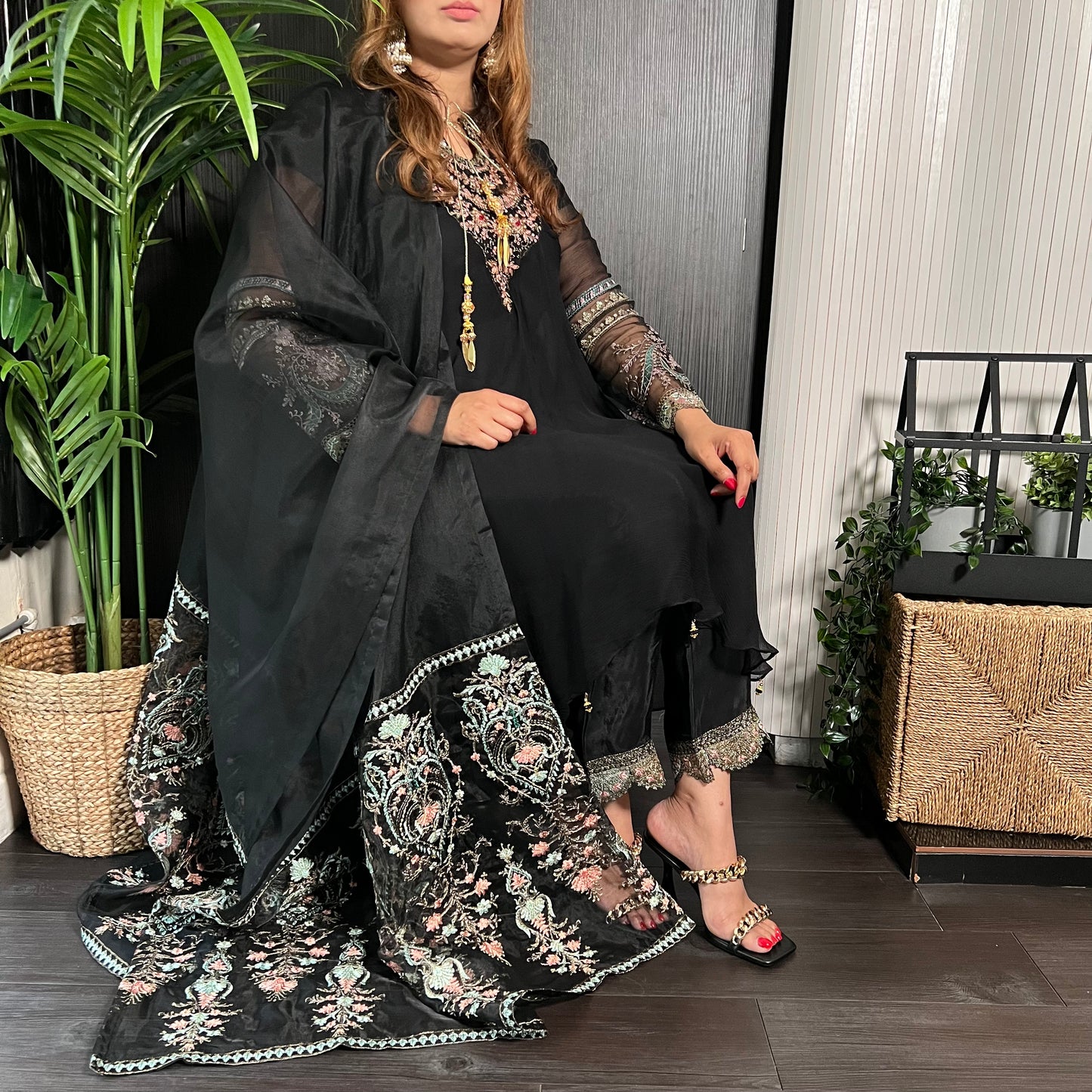 Pehnawa Original Black Asymmetric Embroidered Suit
