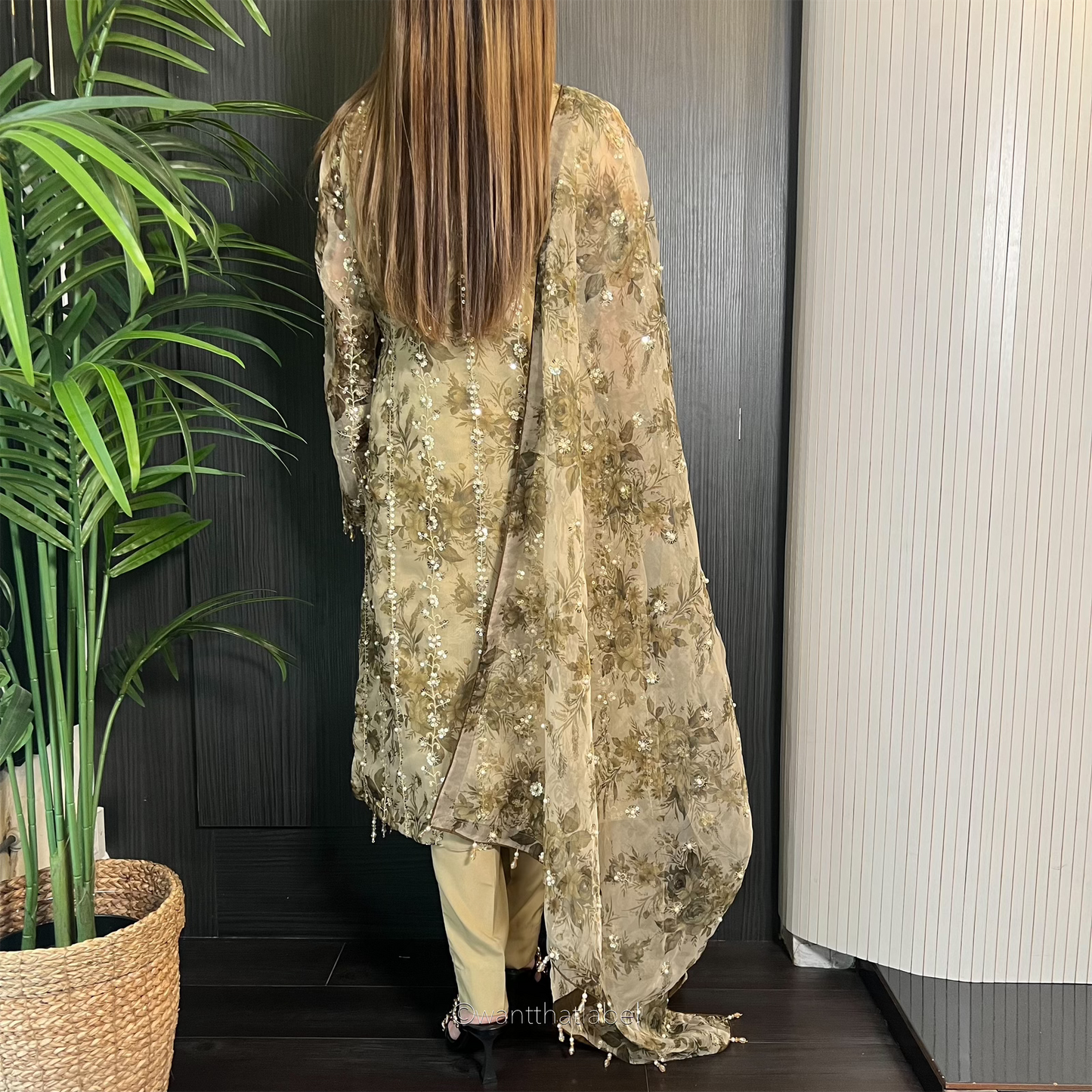 Aminah Olive Green Gold Sequin Embroidered Organza Suit