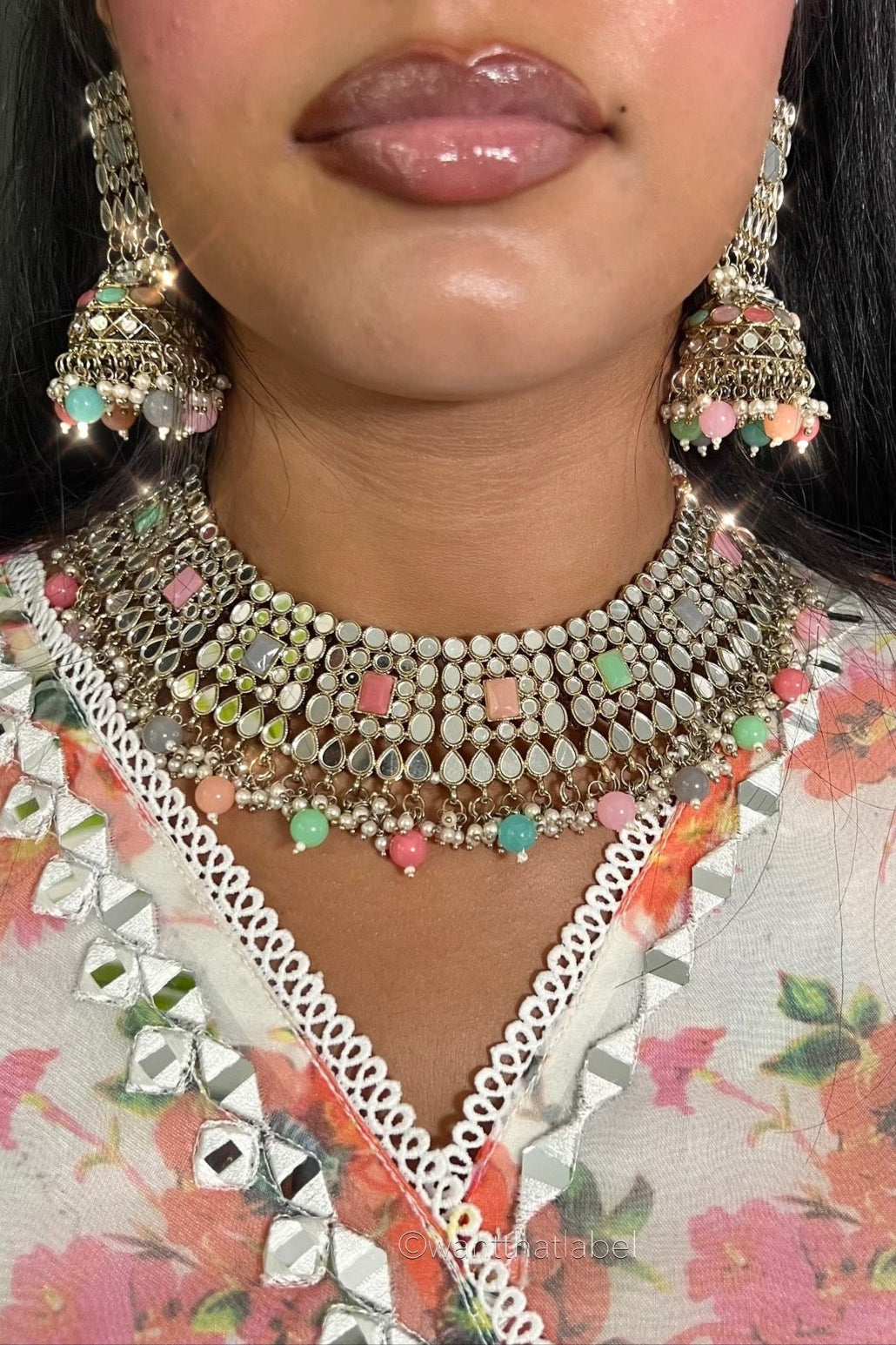 Gold Kundan Mirror Multi Bead 3 Piece Jewellery Set