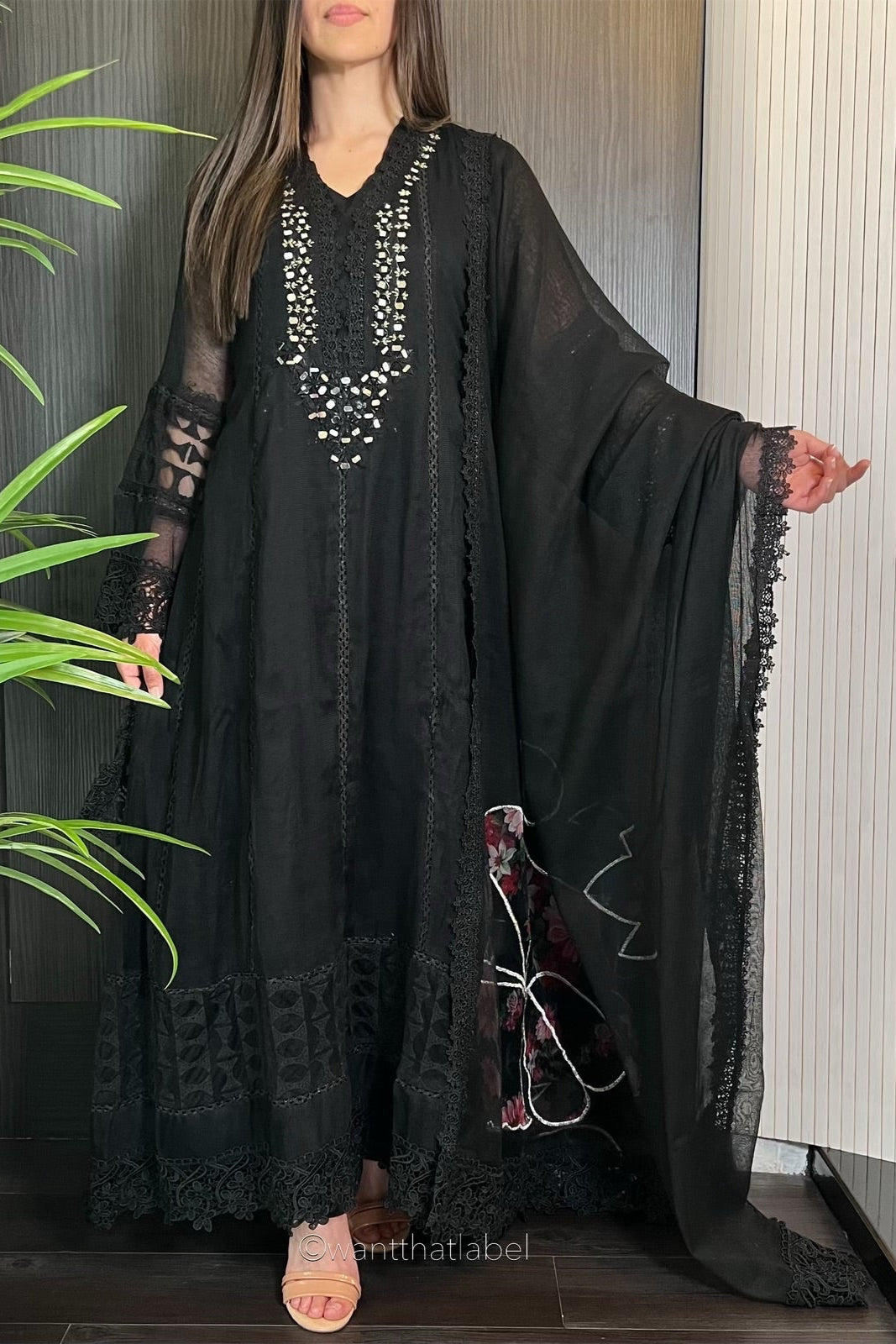 Maya Black Mirror Embroidered A-Line Dress Suit