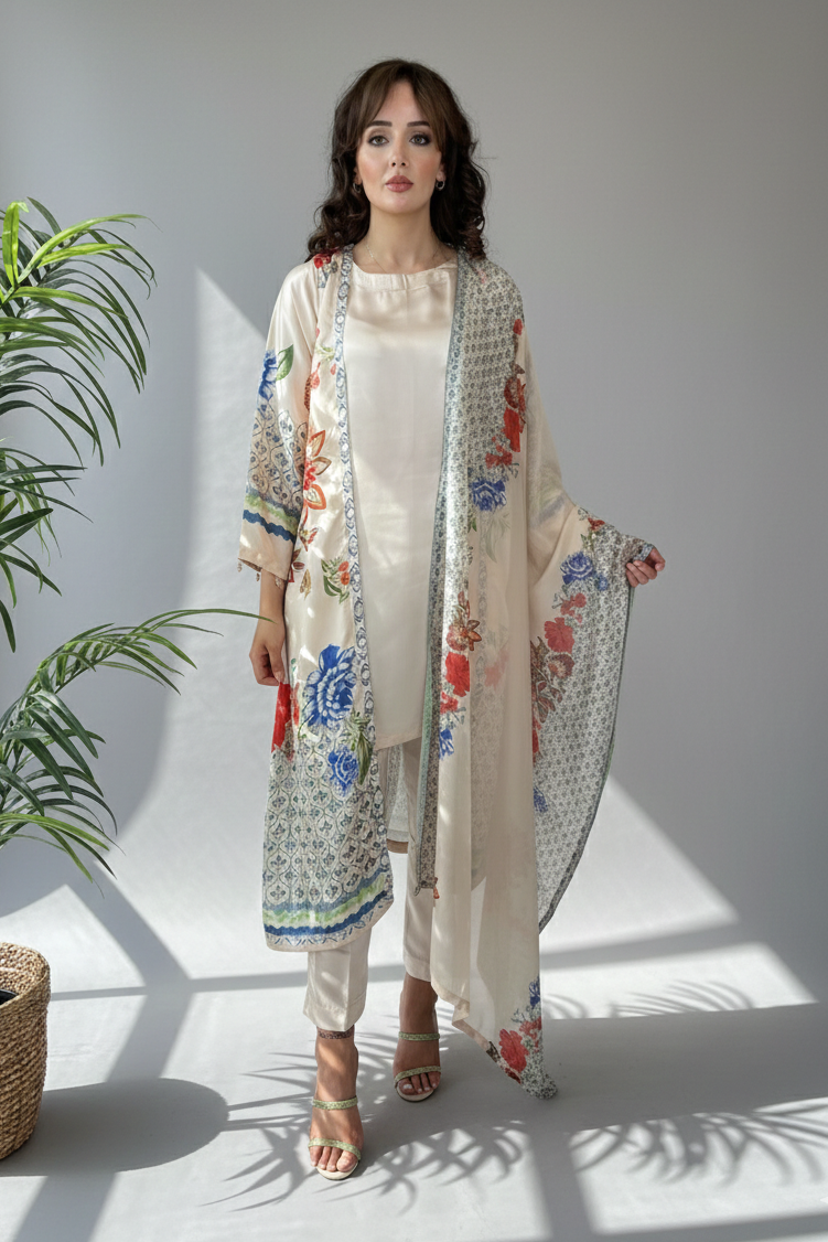 Woman wearing a floral kimono-style garment in a minimalistic setting with a plant.