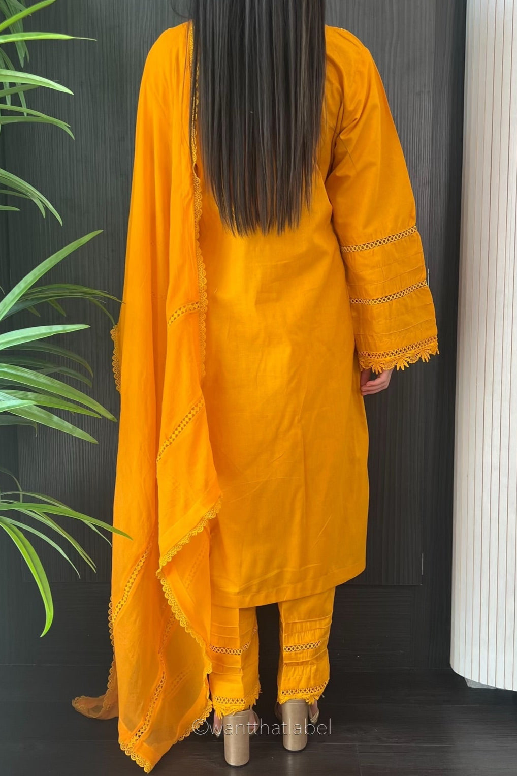 Asma Mustard Cotton Lace Detailed Long Kameez Suit
